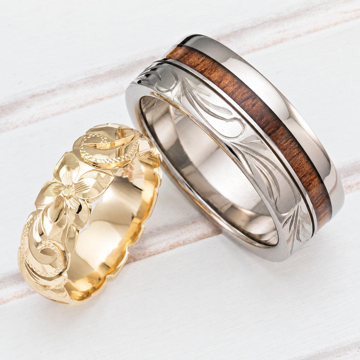 14K gold and titanium Hawaiian jewelry couple wedding ring set