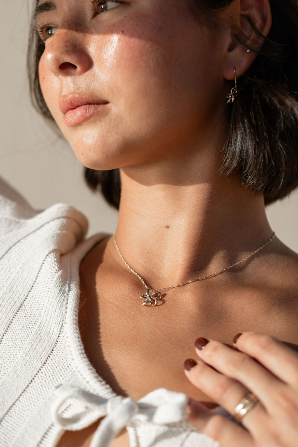 14K Gold Floating Plumeria Green Emerald Pendant