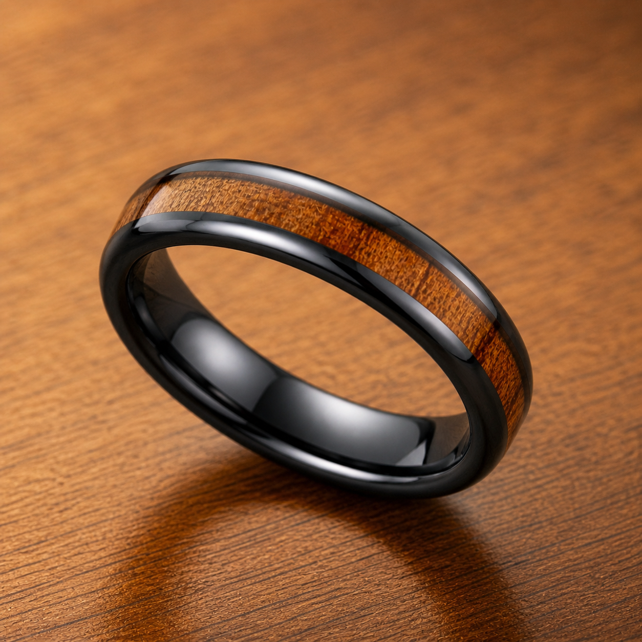HI-TECH Black Ceramic Ring with Koa Wood Inlay - 4mm, Flat Shape, Comfort Fitment