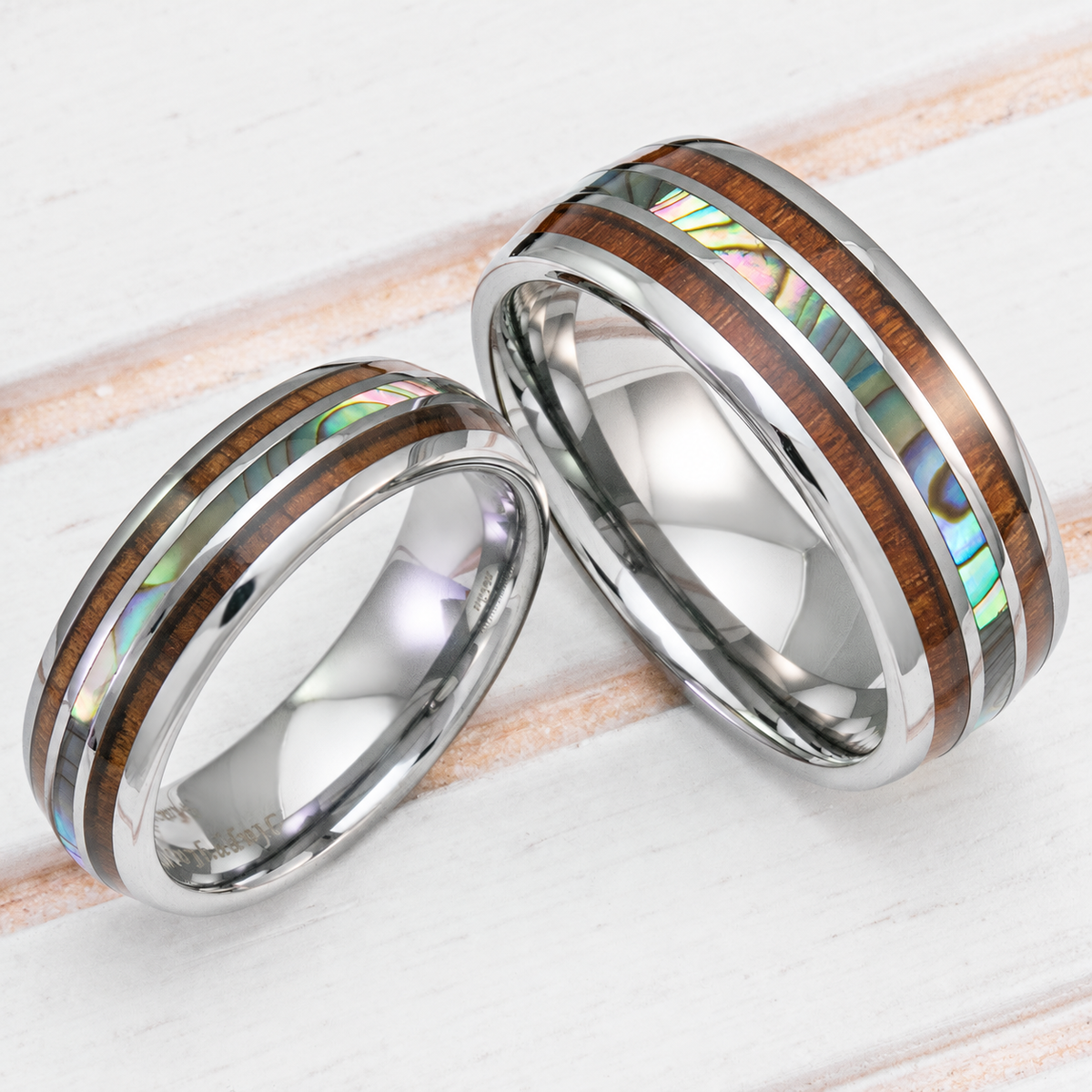 Tungsten wedding ring set with abalone shell and Hawaiian koa wood inlay