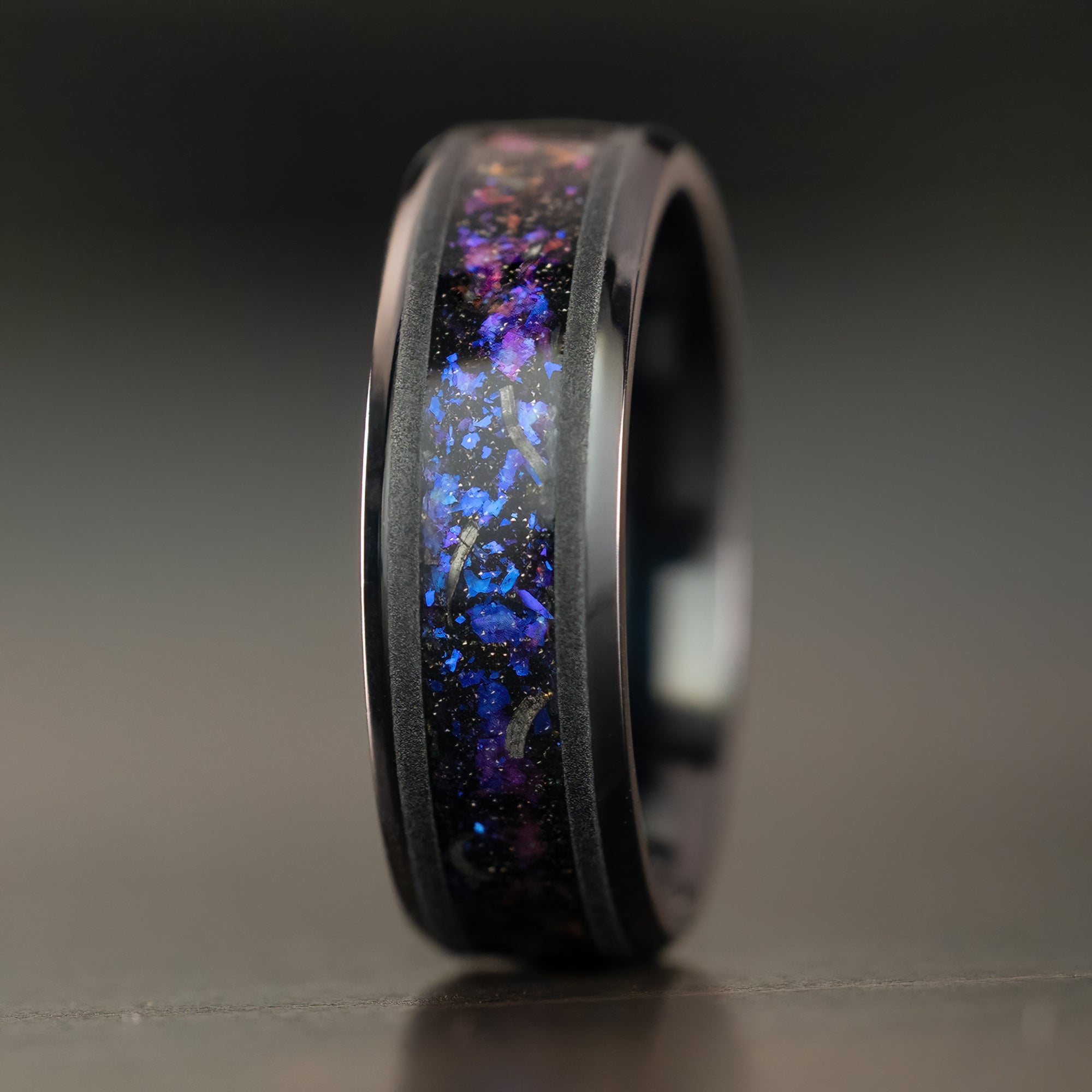 Black Titanium Beveled Ring & Blue Fire Opal
