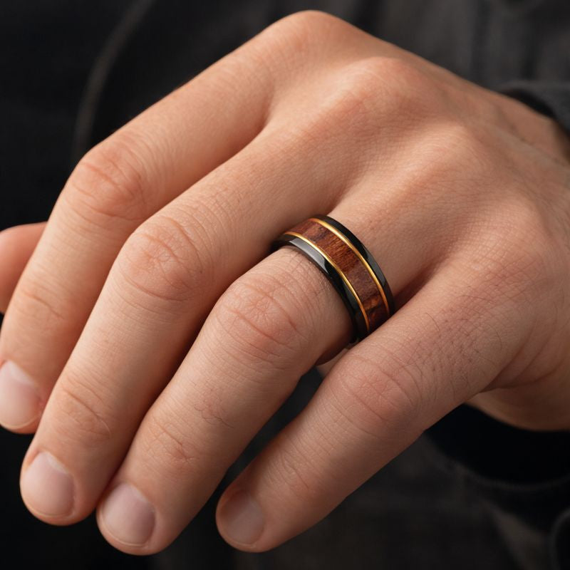 Black Titanium Ring Gold Strip with Koa Wood