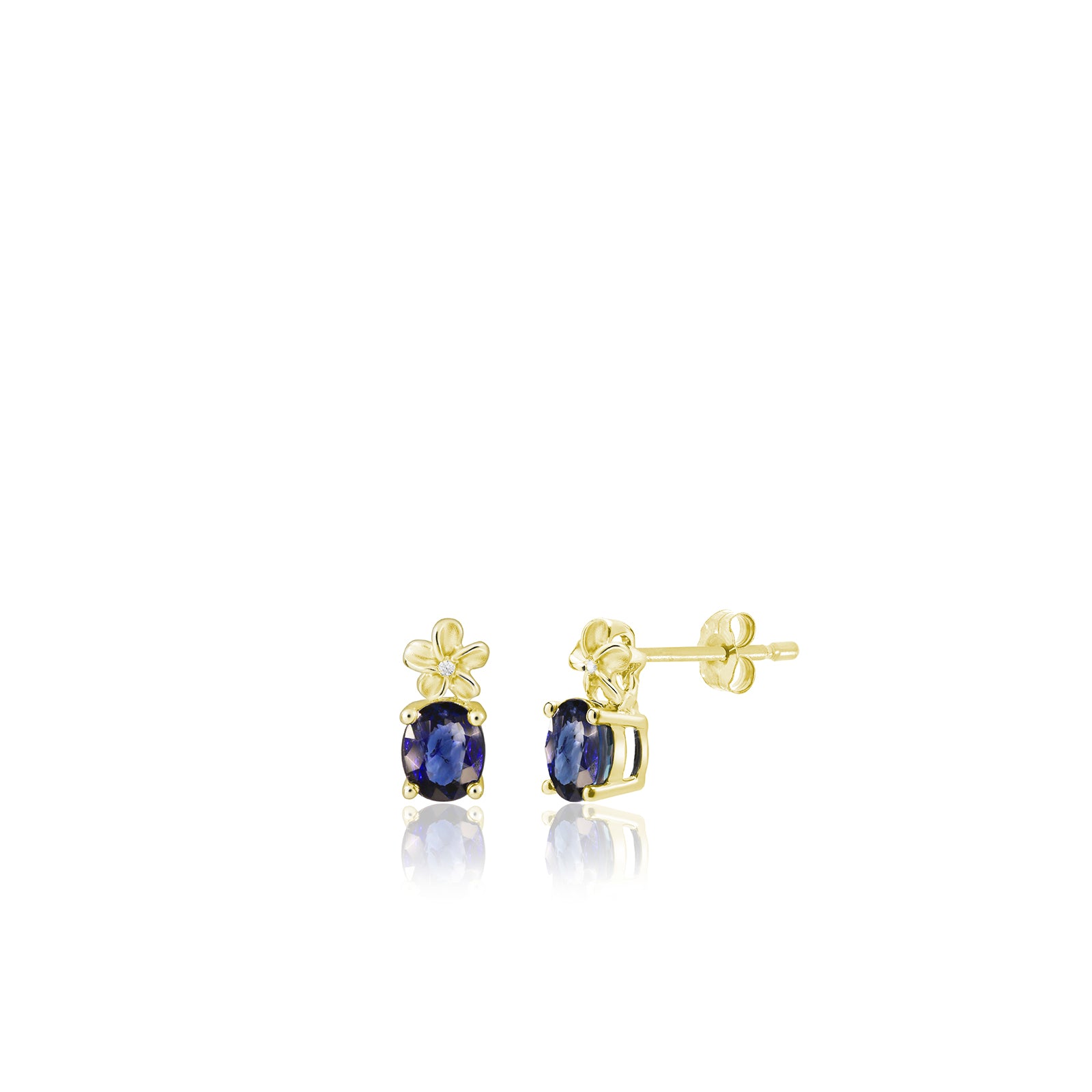 14K Gold Diamond Plumeria Earrings W/ Oval Sapphire