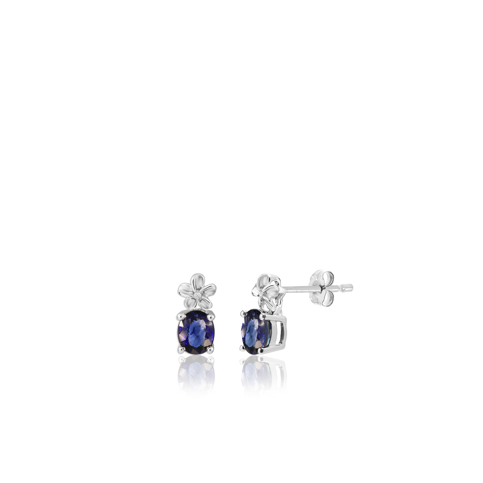 14K Gold Diamond Plumeria Earrings W/ Oval Sapphire