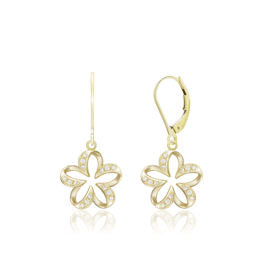 14K YG Floating Plumeria Deluxe Leverback Earrings