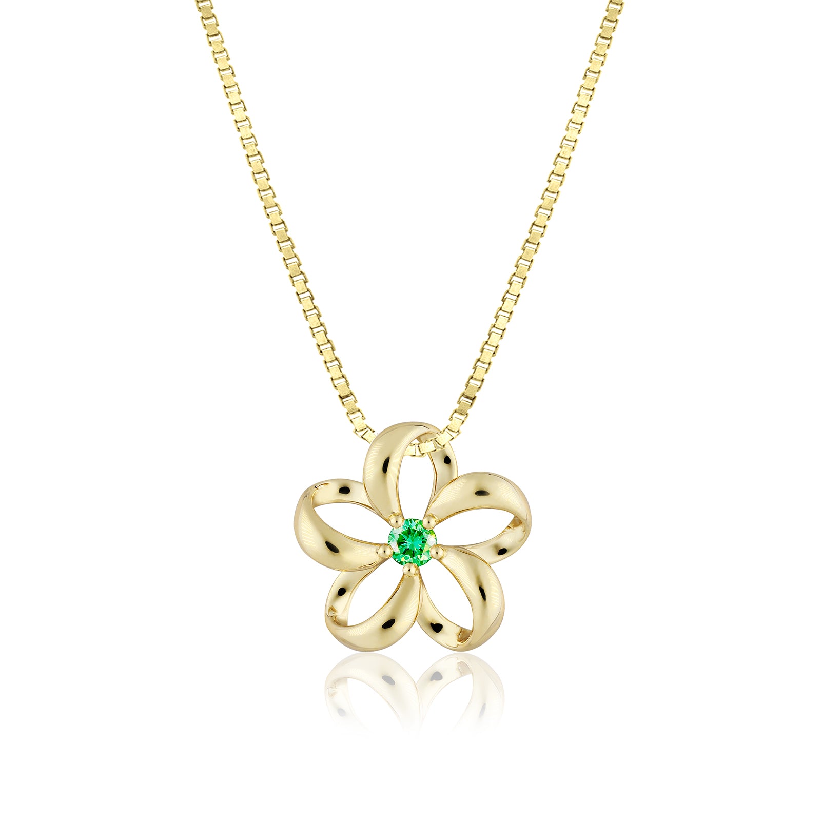 14K Gold Floating Plumeria Green Emerald Pendant