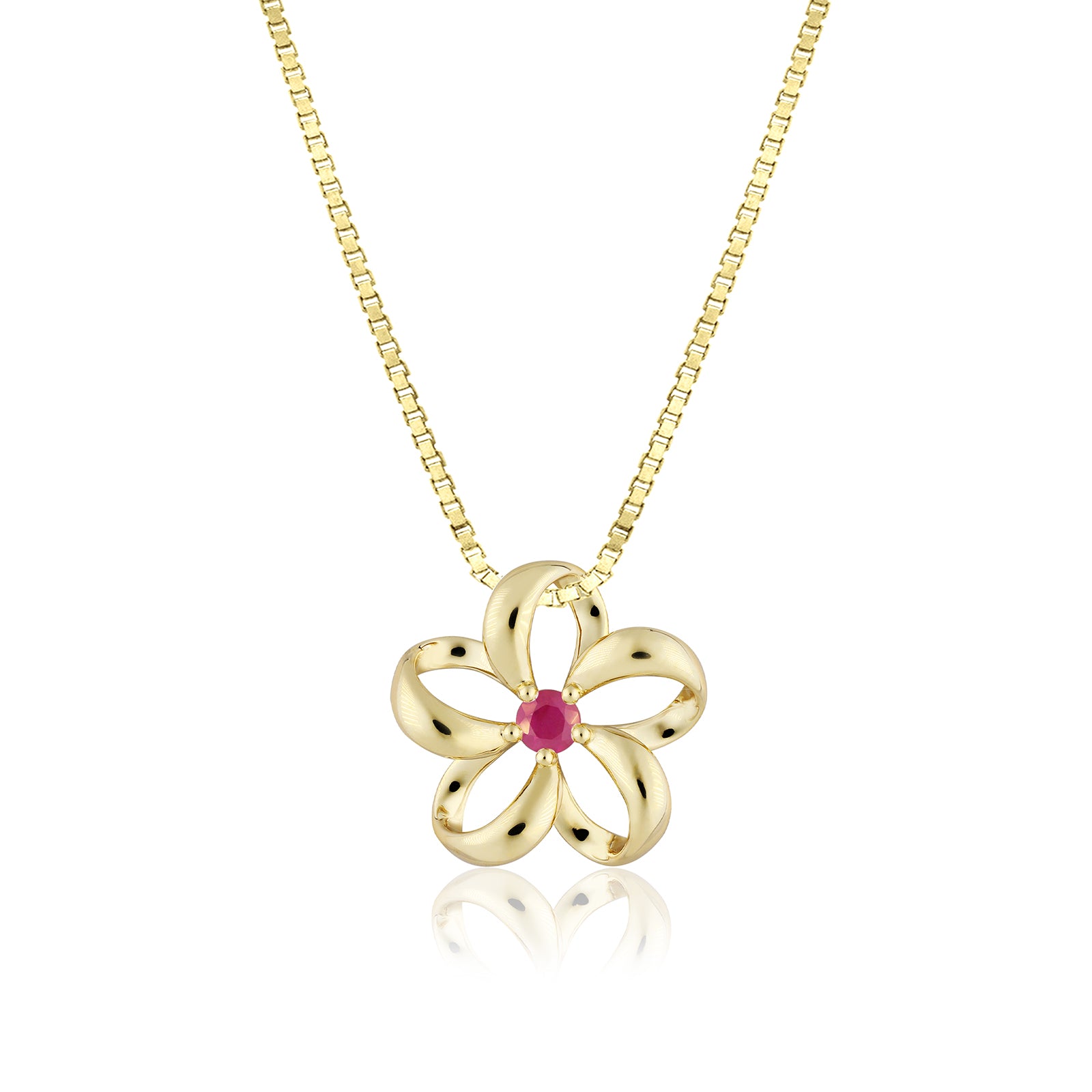 14K Gold Floating Plumeria Ruby Pendant