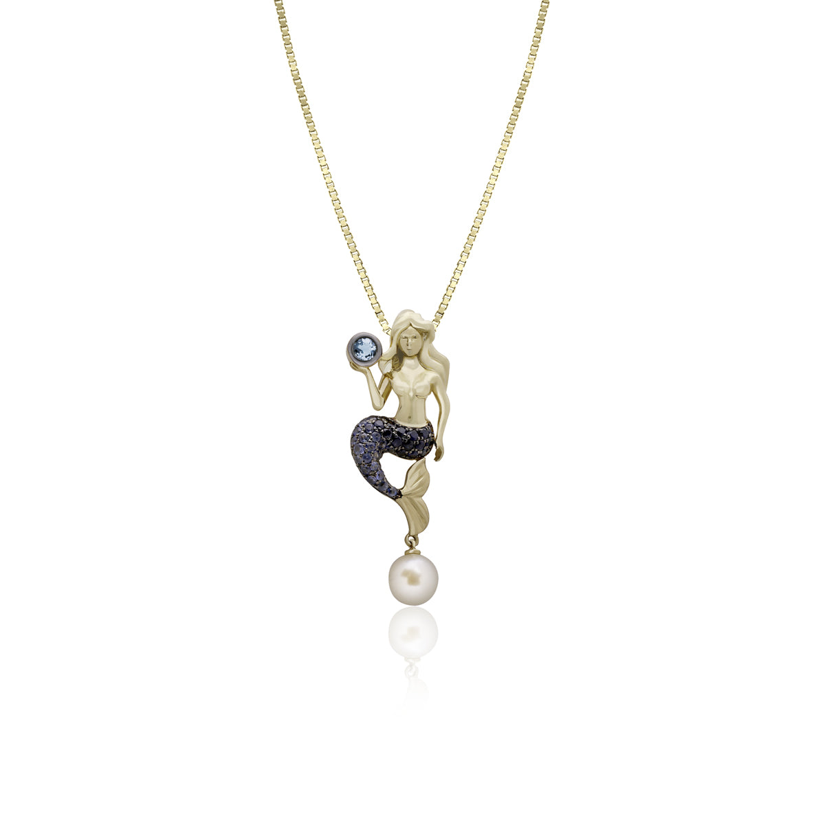 Gold Blue Sapphire and Pearl Mermaid Pendant