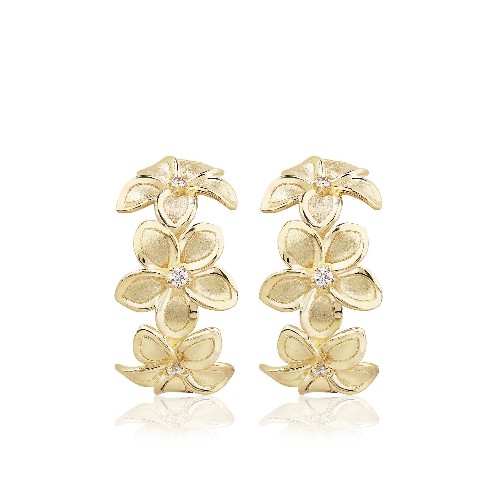 14K Gold Three Diamond Plumeria Crescent Earrings
