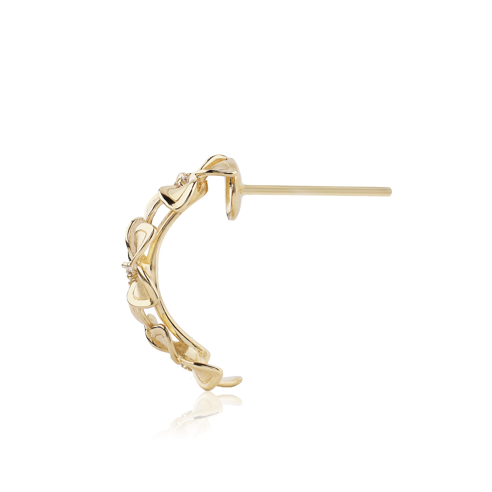 14K Gold Three Diamond Plumeria Crescent Earrings