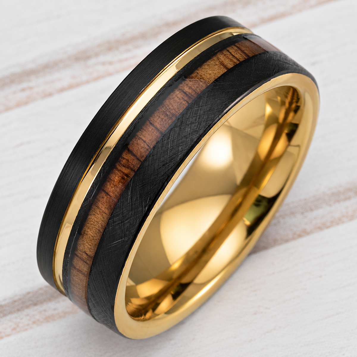 Black and gold ion plated tungsten ring with Hawaiian koa wood