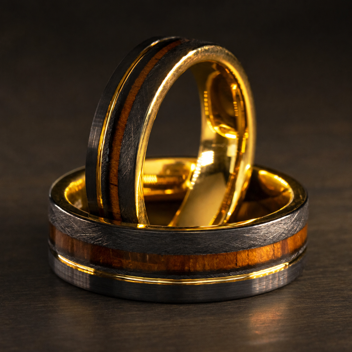 Black and gold tungsten ring set with Hawaiian koa wood inlay