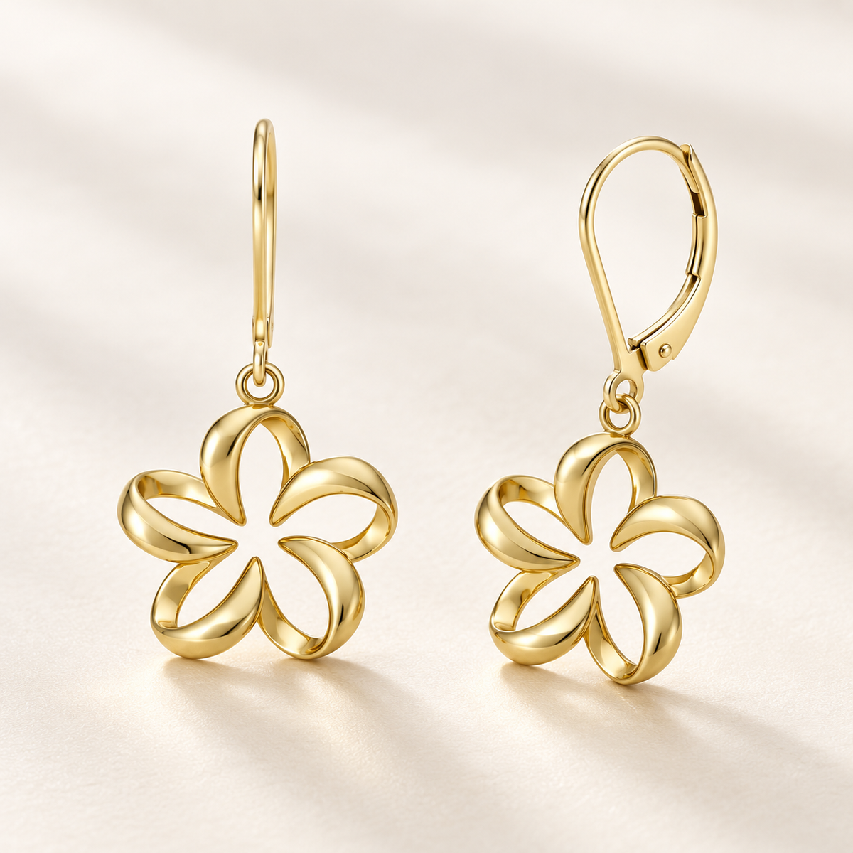 14K yellow gold floating plumeria leverback earrings, alternate angle