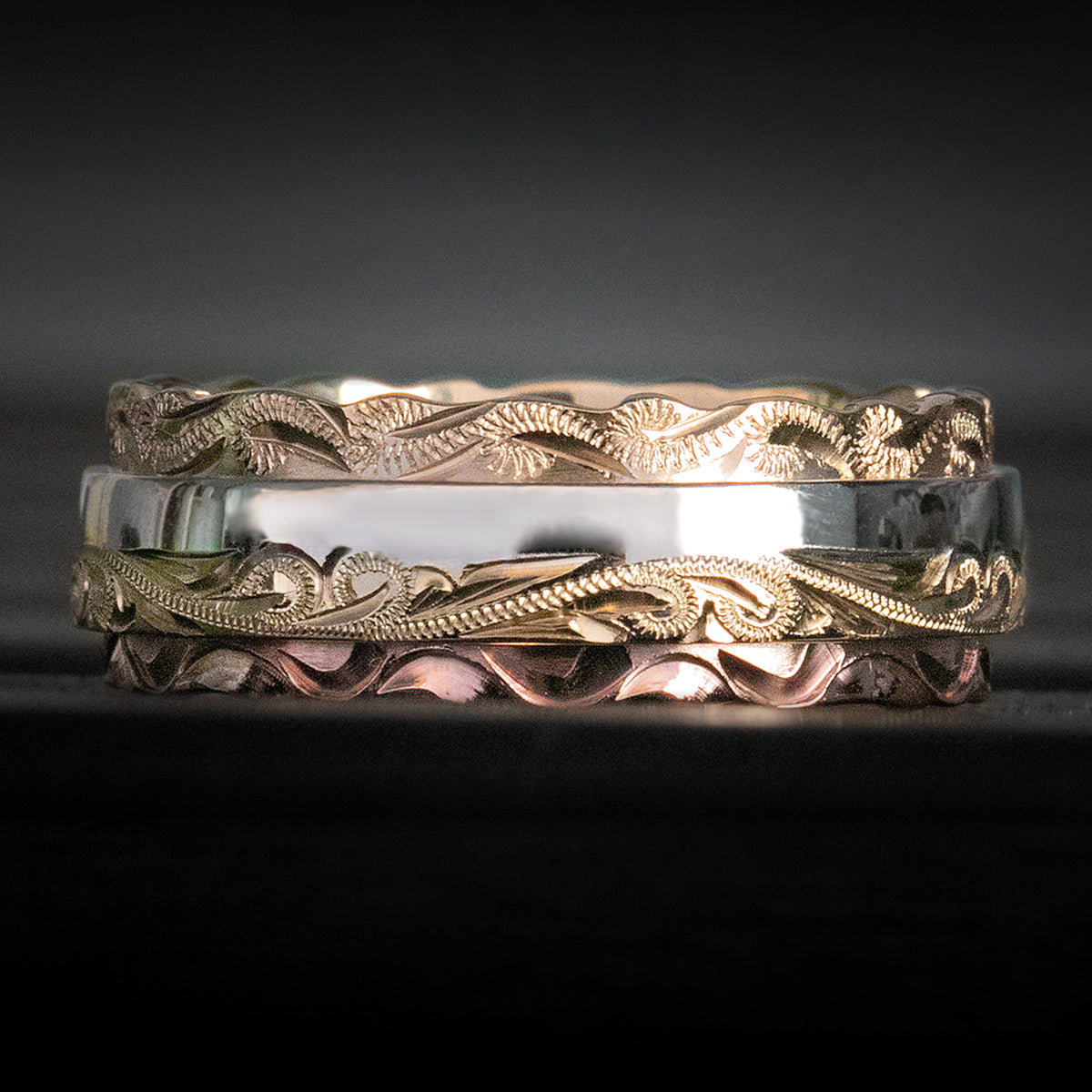 14K Gold Tri Tone 8mm width Hawaiian Jewelry Ring Hand Engraved Old English Design - Flat Shape, Standard Fitment