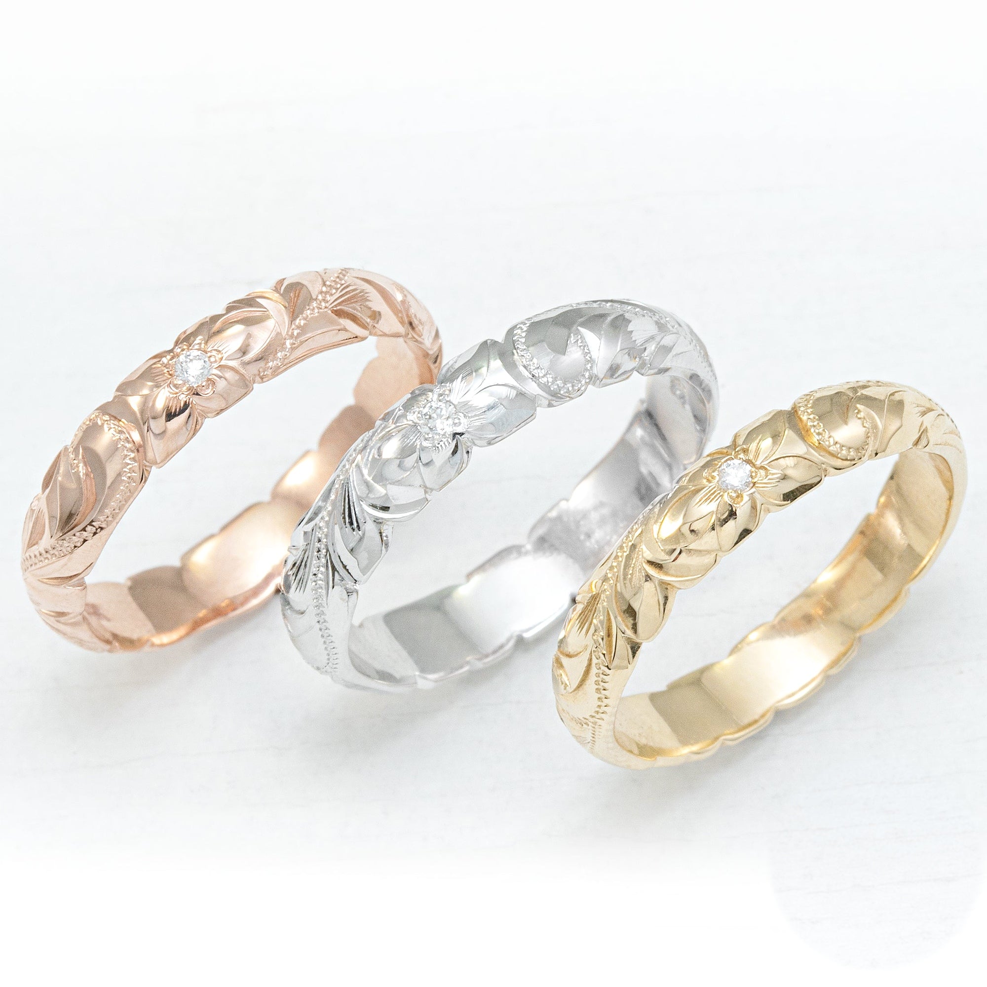 14K Gold Hand Engraved Wave Edge Ring With Hawaiian Old English Design