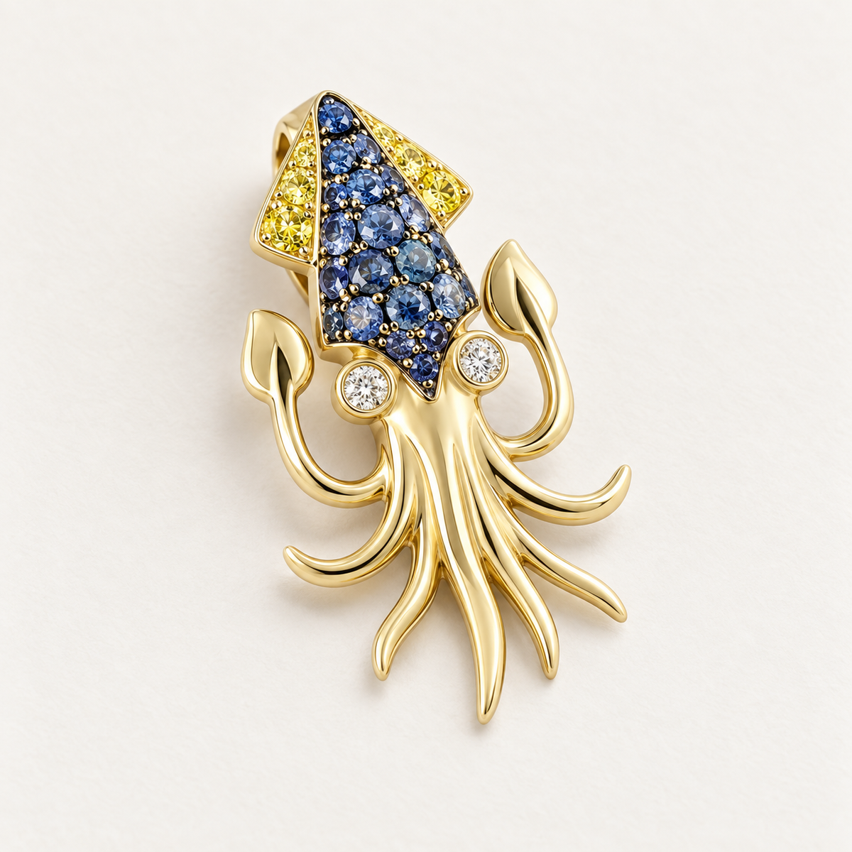 14K yellow gold blue sapphire squid diamond pendant, alternate angle