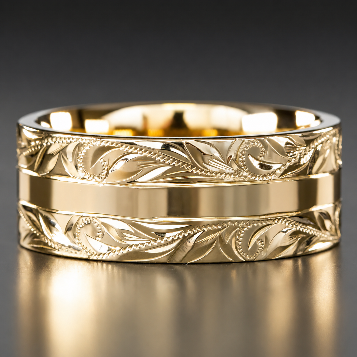Solid gold 8mm contemporary Hawaiian ring with engraved edges and a polished center