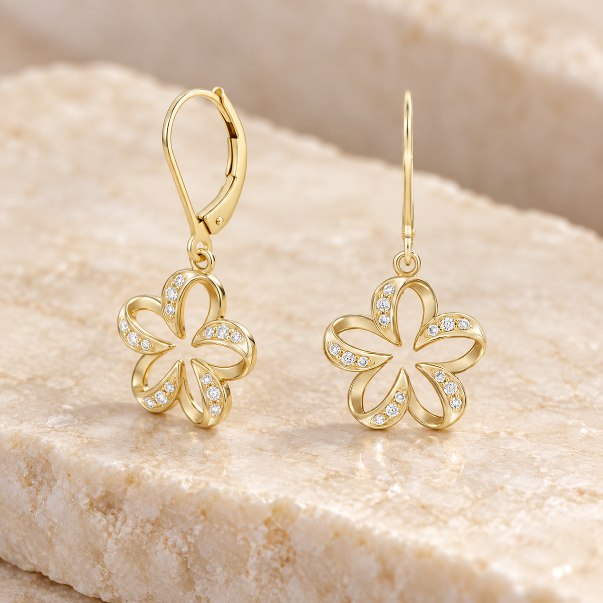 14K yellow gold plumeria diamond leverback earrings, alternate angle