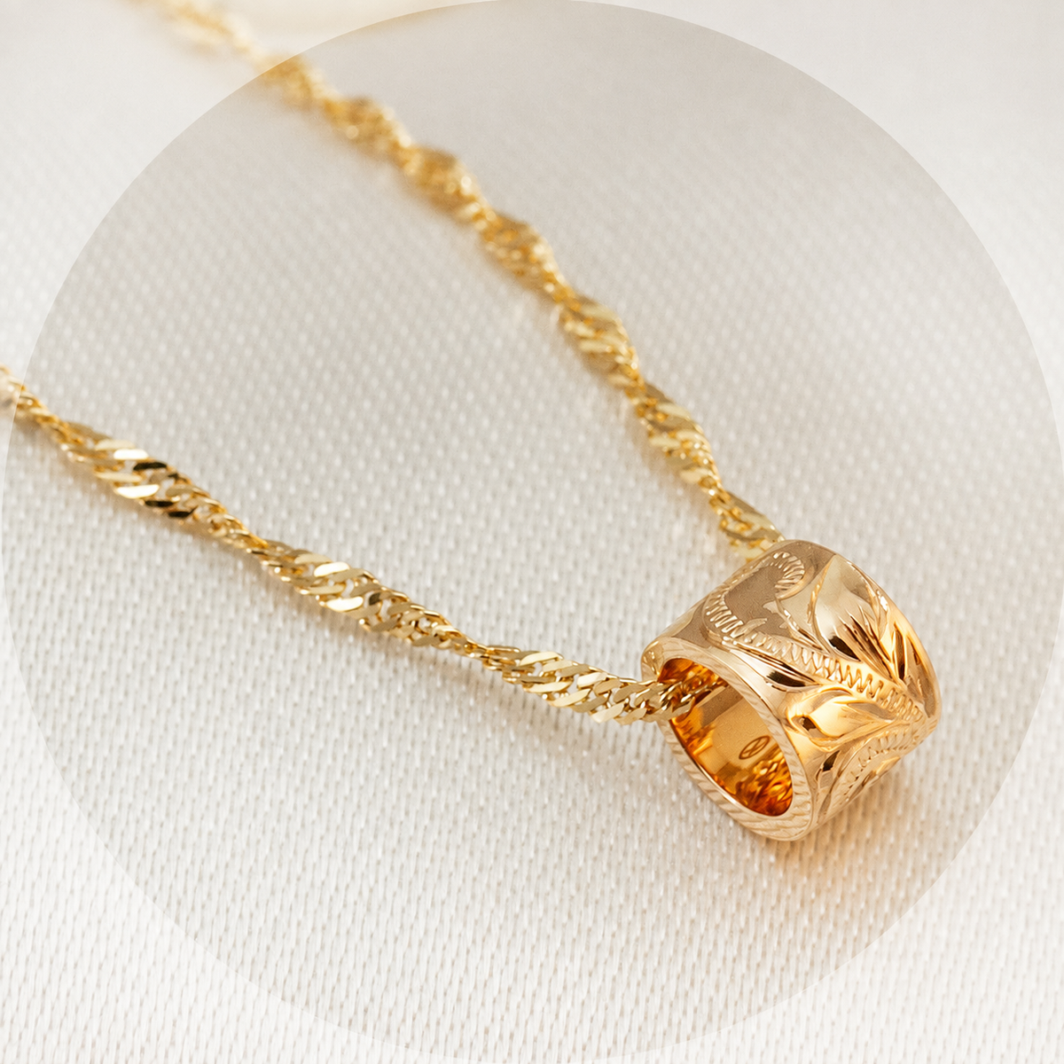 14k gold engraved tube necklace with twist chain