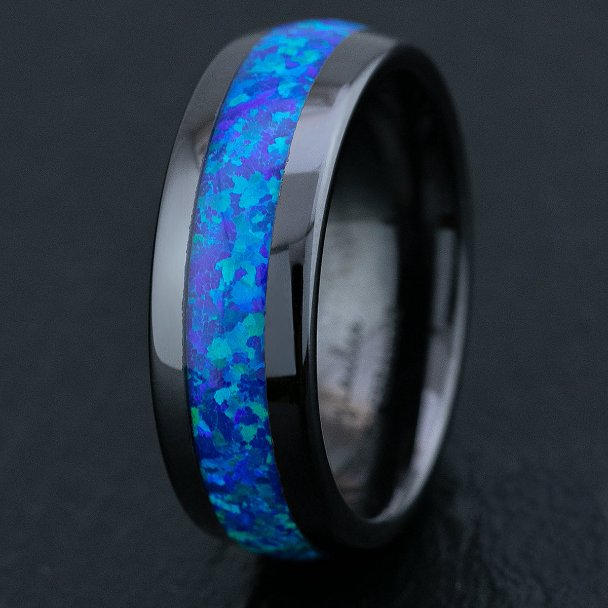 Black Hi-Tech Ceramic Ring with Blue Opal Inlay - 8mm, Dome Shape, Comfort Fitment