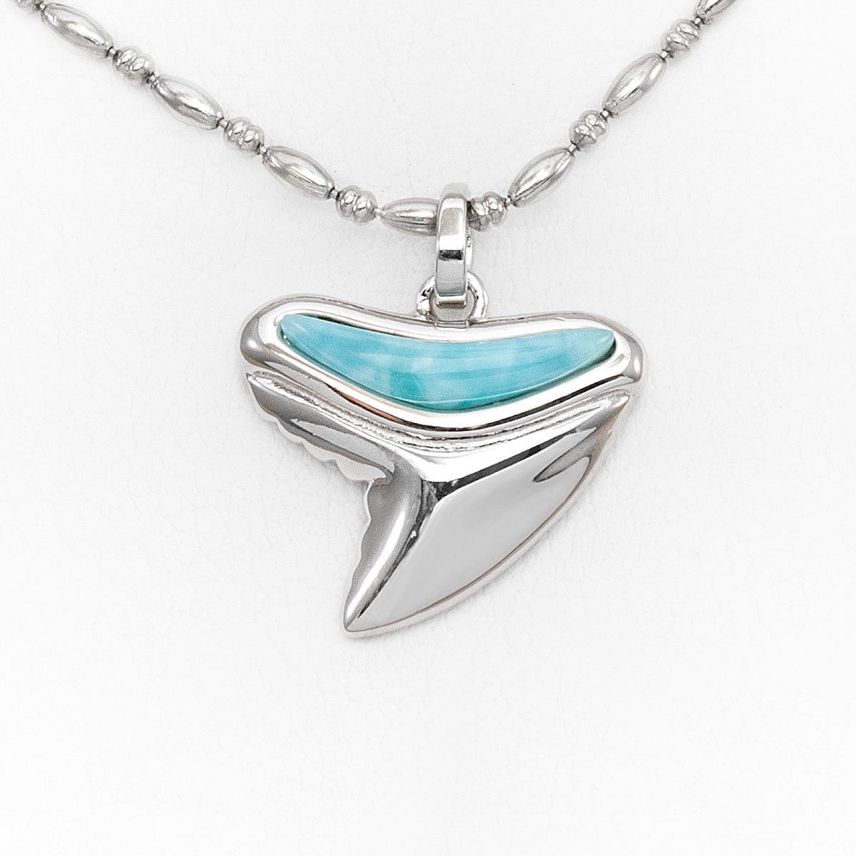 925 Sterling Silver Petite Shark Tooth Pendant with Larimar Stone Setting