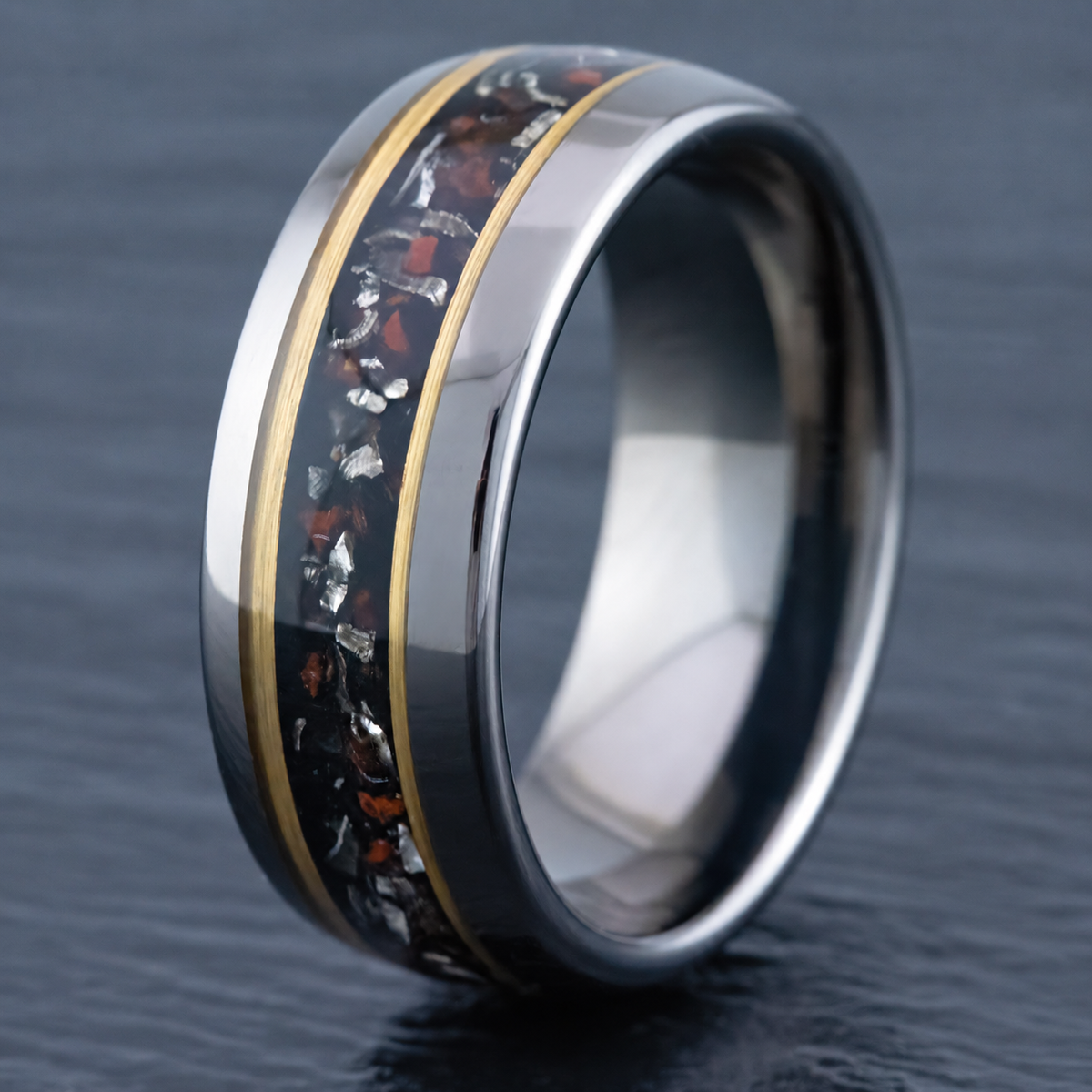 Gun grey tungsten meteorite and dinosaur bone ring