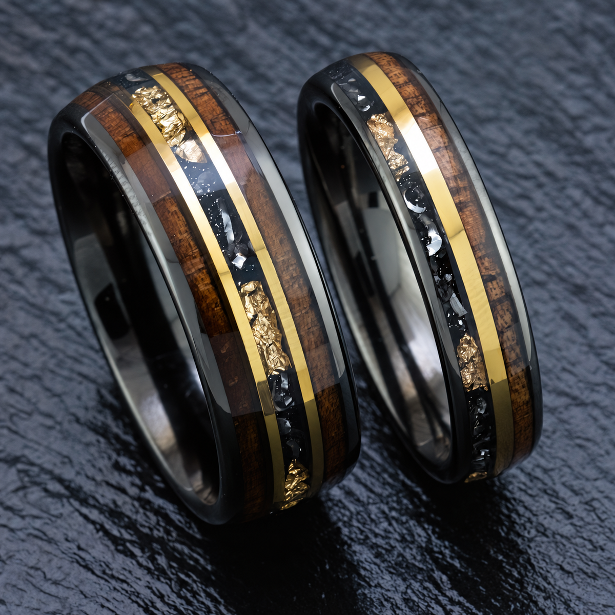 Gun grey tungsten wedding ring set with koa wood, meteorite, and gold flake inlay