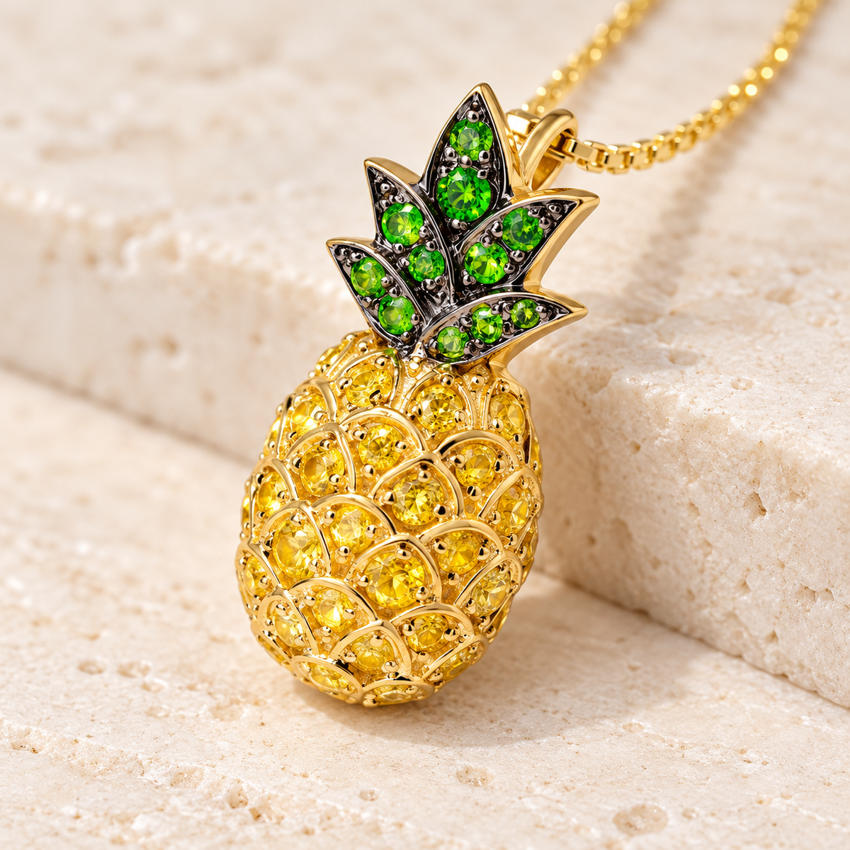 Three-quarter view of 14K gold pineapple pendant with green tsavorite crown and yellow stone-set fruit