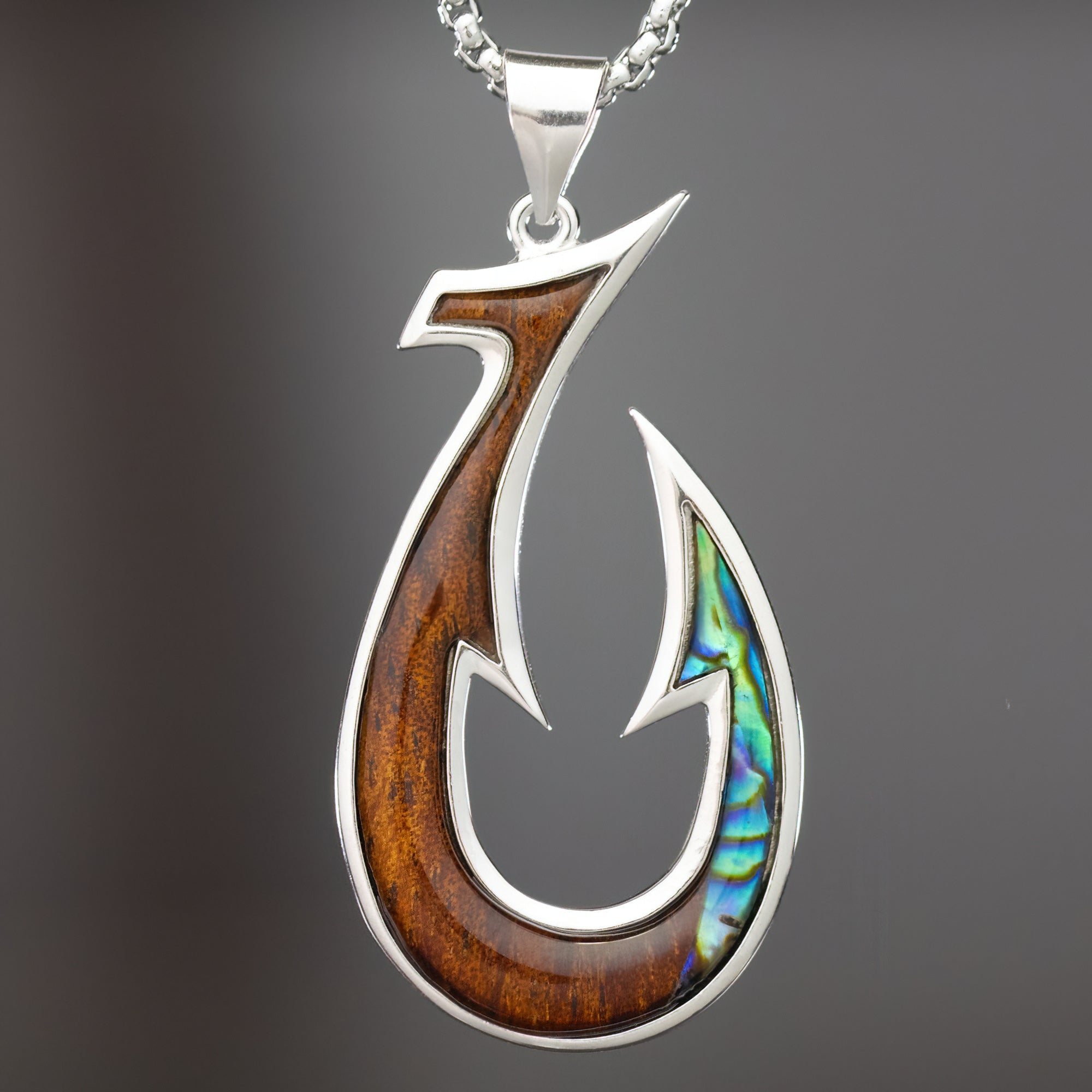 Sterling Silver Hook Pendant with Abalone Shell & Hawaiian Koa Wood Sterling Silver Hook Pendant with Abalone Shell & Hawaiian Koa Wood