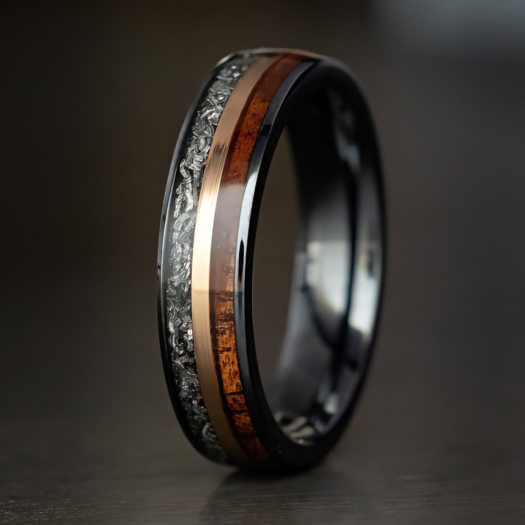 Black Titanium Mid-Rose Gold Strip Ring [6mm width] Meteorite & Hawaiian Koa Wood