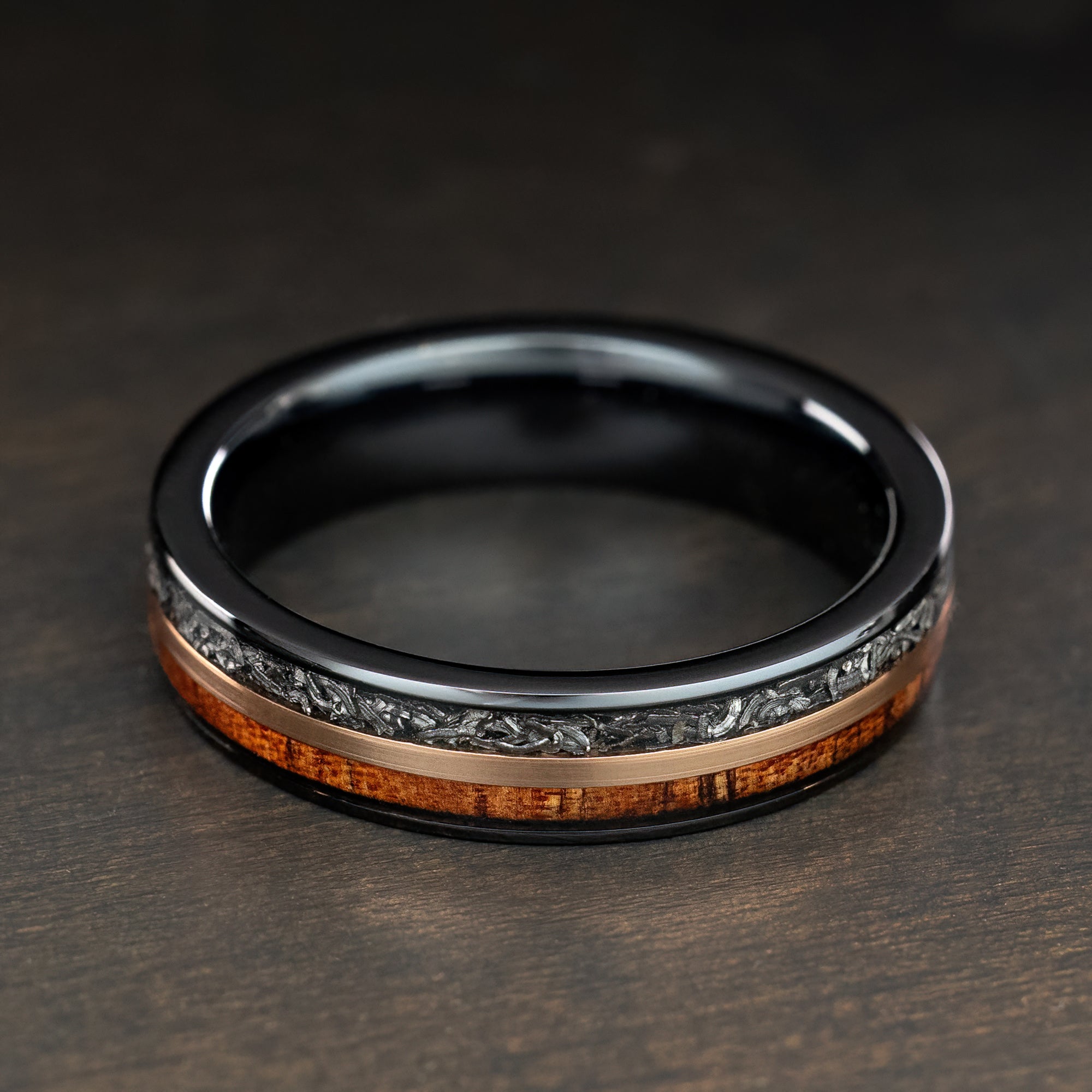 Black Titanium Mid-Rose Gold Strip Ring [6mm width] Meteorite & Hawaiian Koa Wood