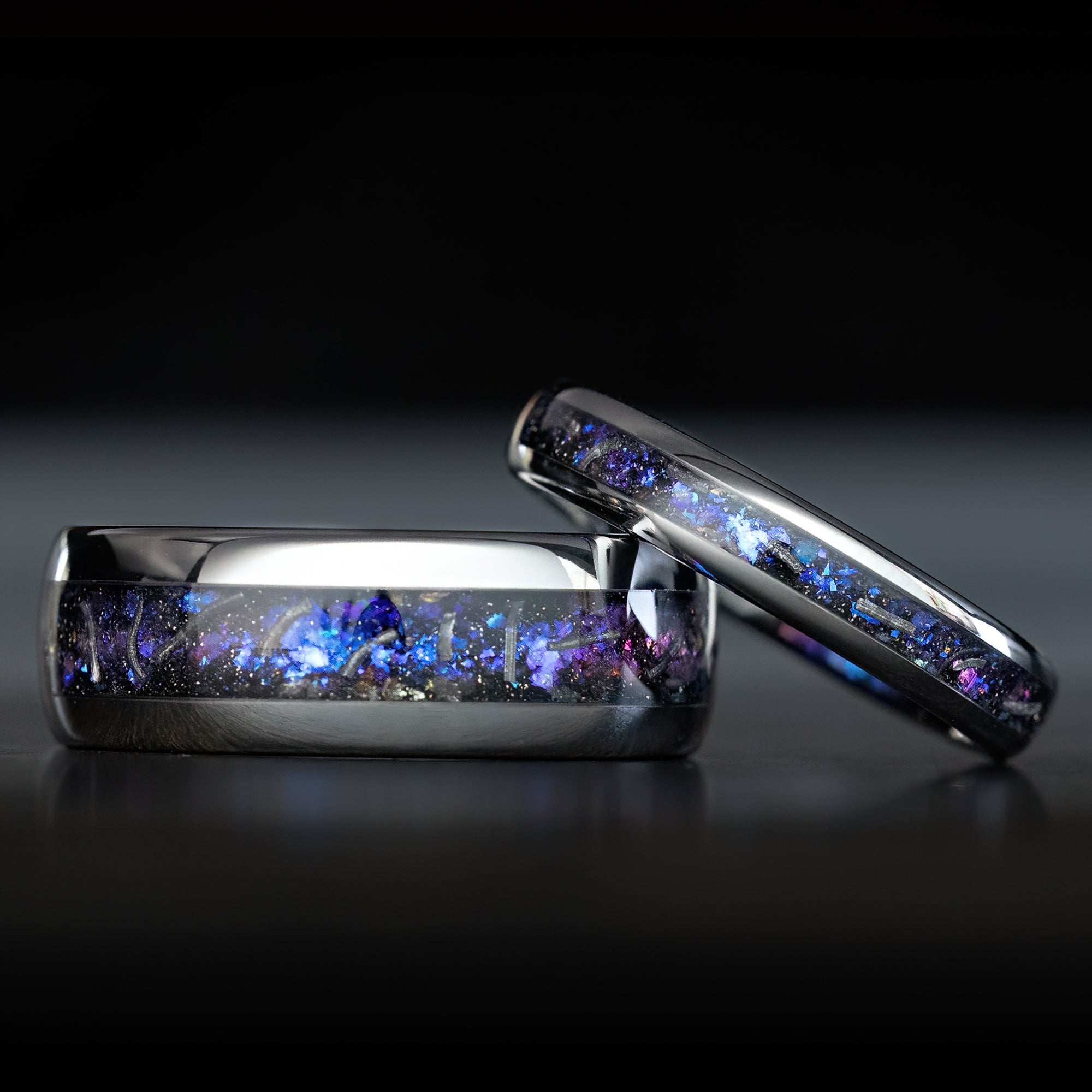 Pair Ring Set [4&8mm widths] Tungsten Carbide Blue Fire Opal Meteori