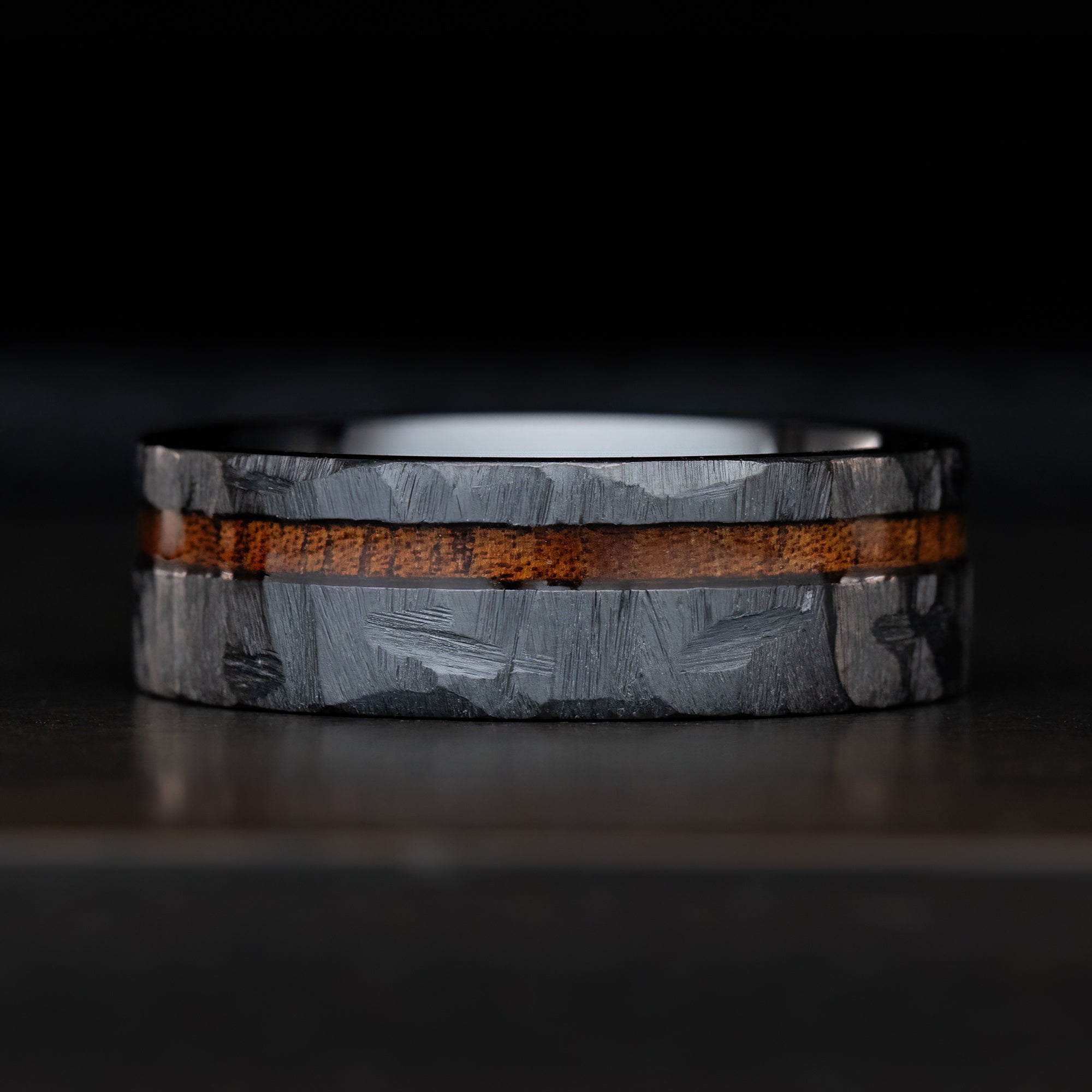 Black Titanium Hammered Ring [8mm width] Hawaiian Koa Wood