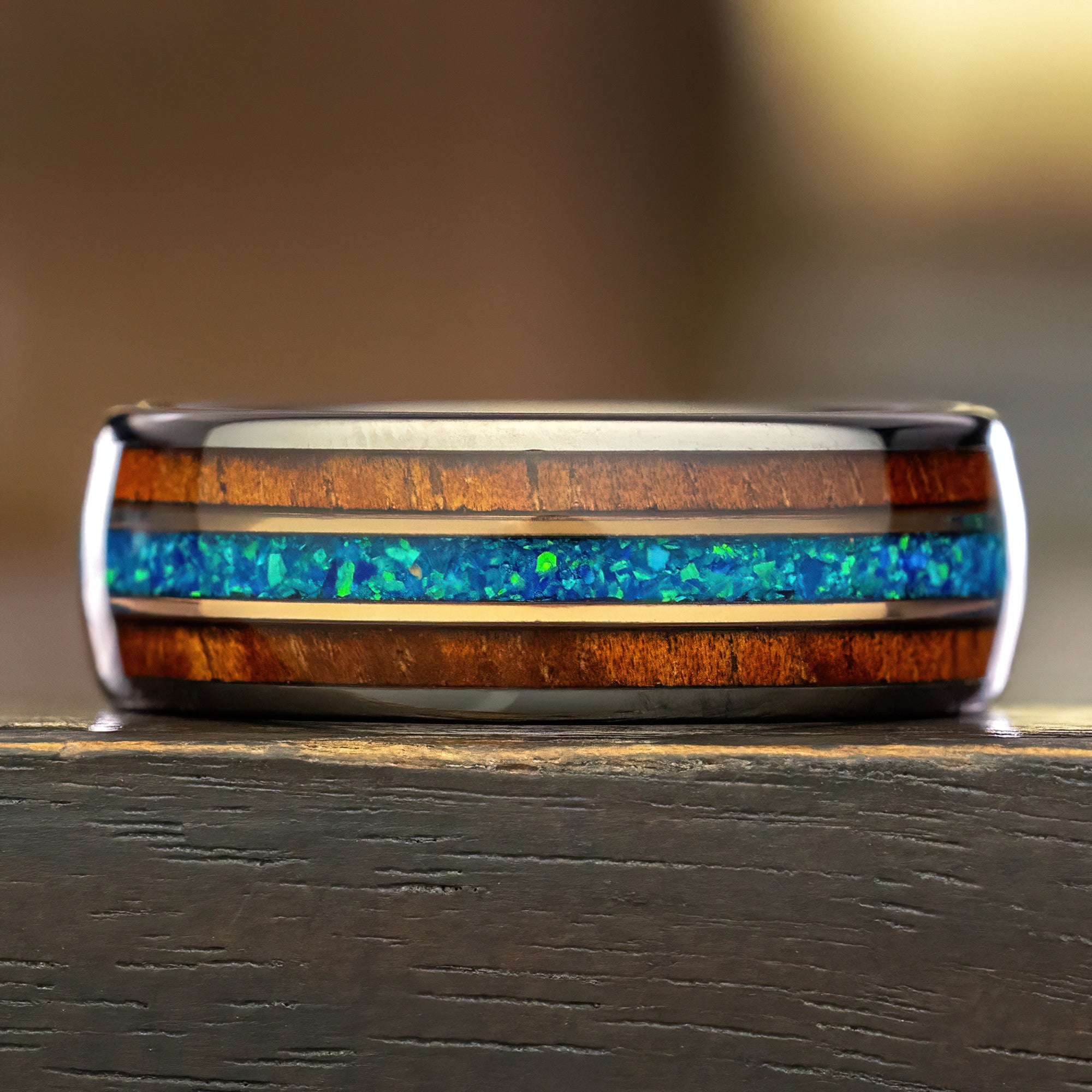 GunGrey Tungsten Carbide with Mid-Rose Gold Strip [8mm width] Blue Opal & Hawaiian Koa Wood