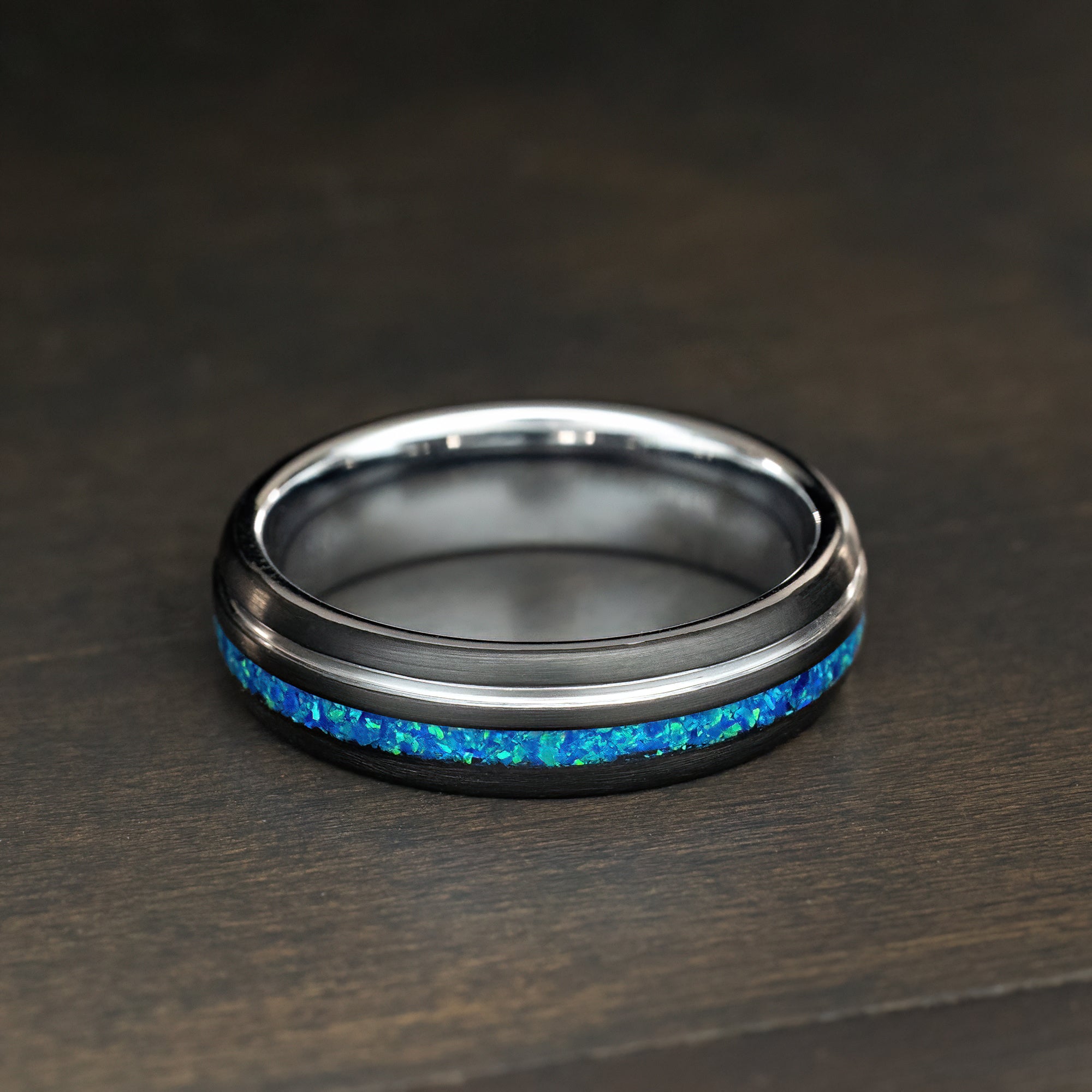 Black Tungsten Carbide & White Gold [6mm width] Azure Blue Opal
