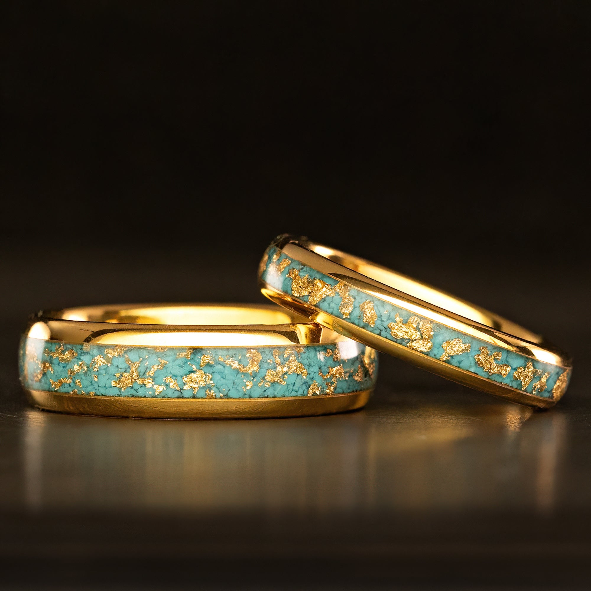 Pair Ring Set) Tungsten Carbide [4&6mm] Turquoise Gold Flake