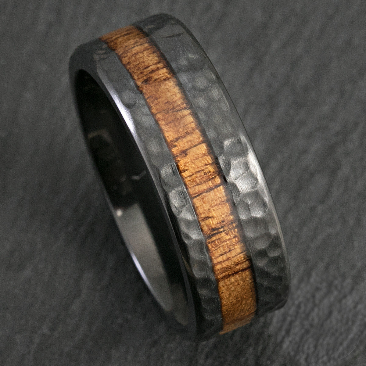 Black Zirconium Hammered Ring with Offset Koa Wood Inlay - 8mm, Flat Shape, Comfort Fitment