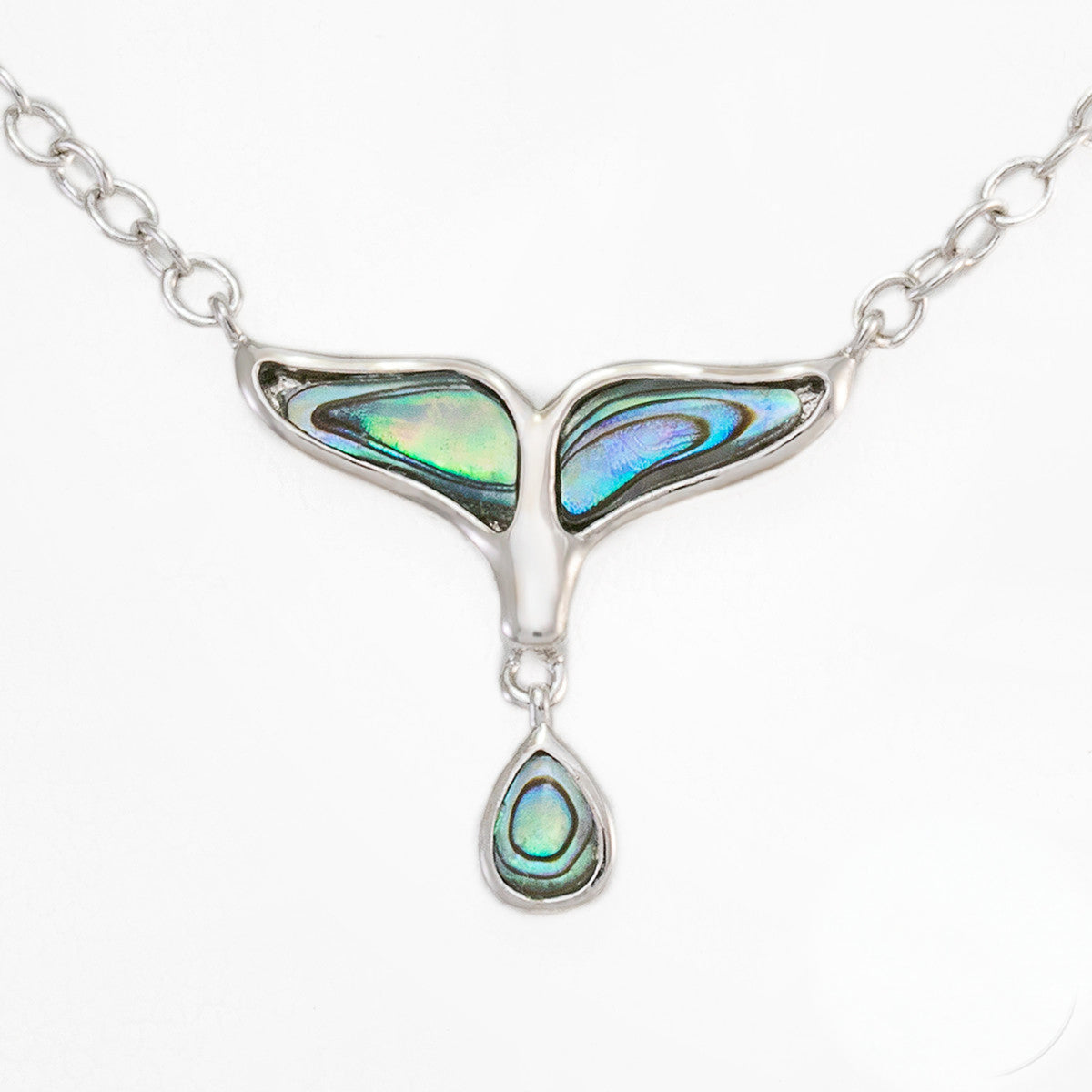 925 Sterling Silver Whale Tail & Tear Drop Necklace with Abalone Pau'a Shell Inlay