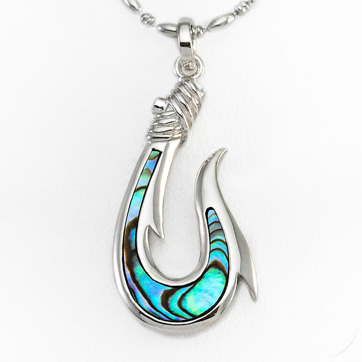 925 Sterling Silver Fish Hook Pendant with Abalone Pau'a Shell Inlay