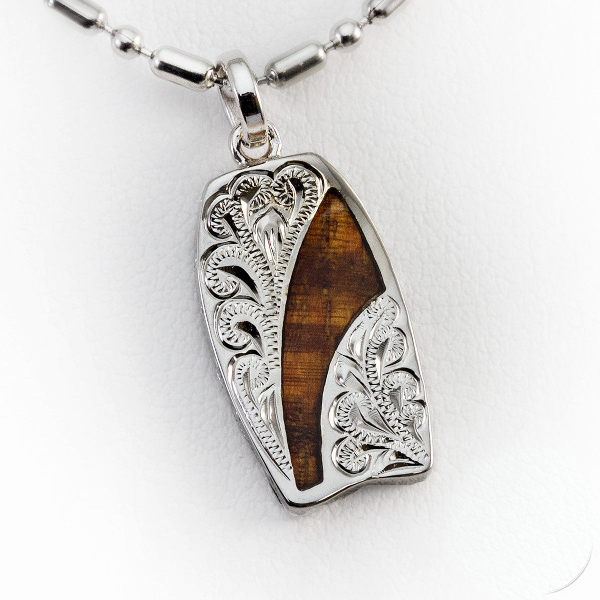 925 Sterling Silver Hand Engraved Body Board Motif Pendant with Koa Wood Inlay