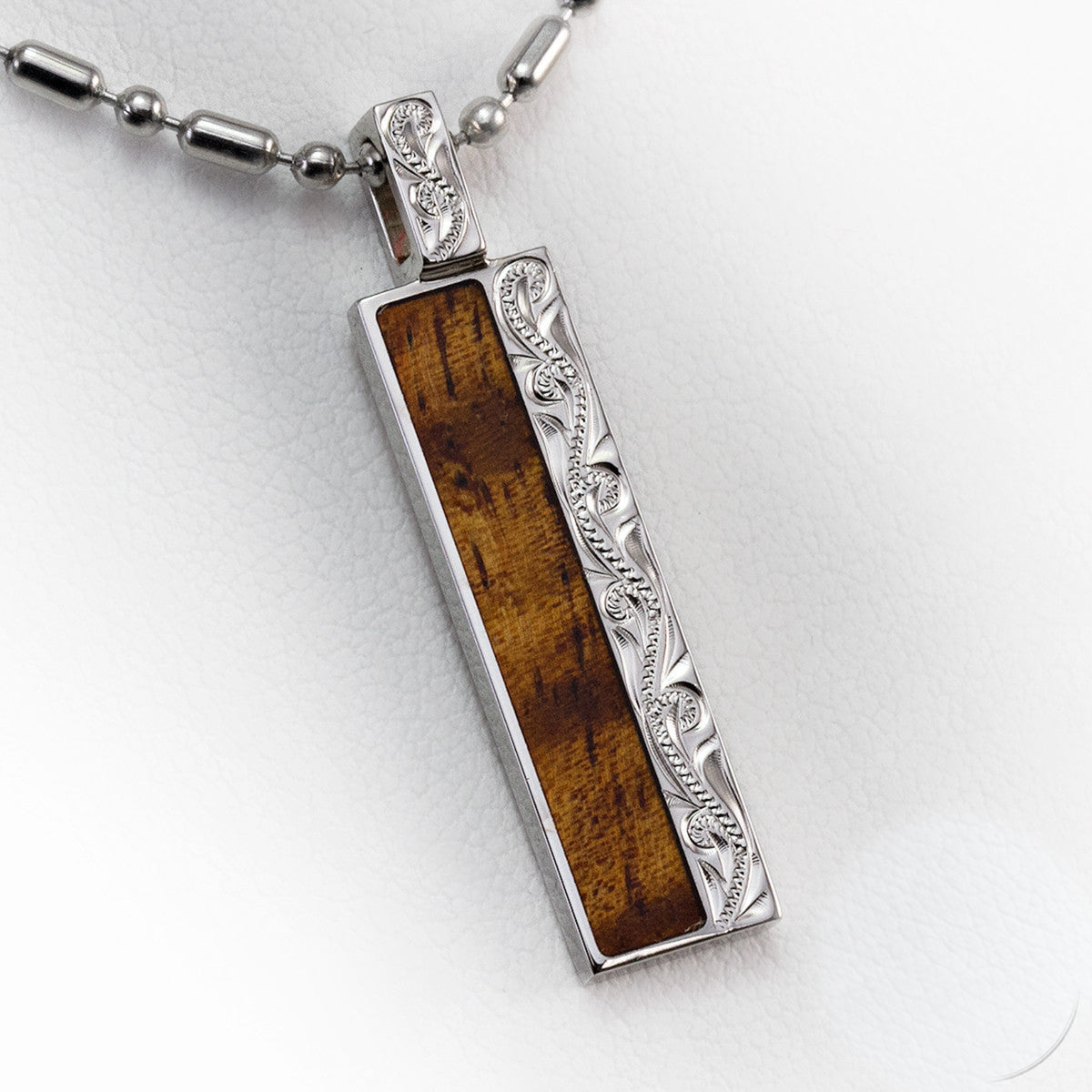 Sterling Silver Hand Engraved Bar Pendant & Hawai'i Koa Wood