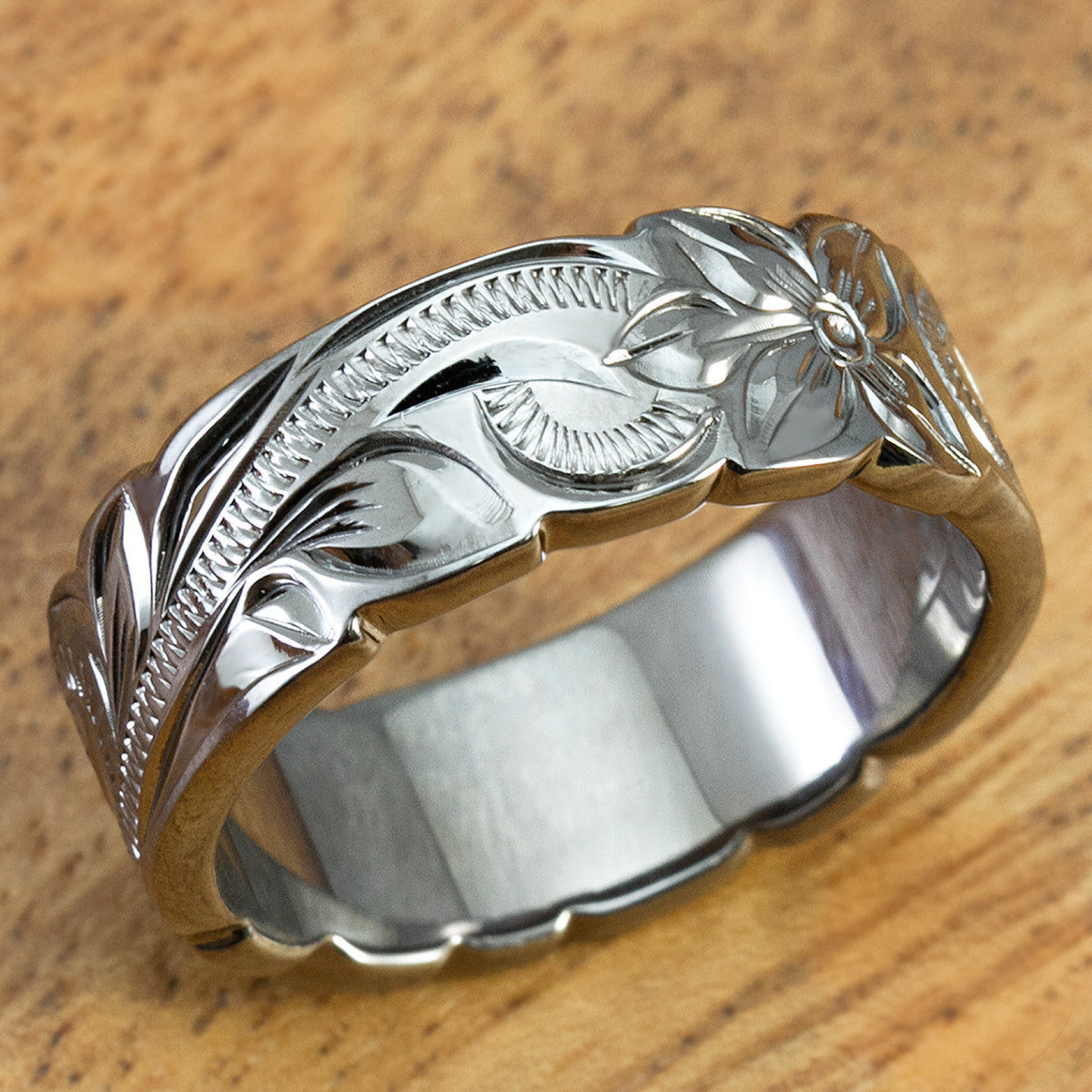 Sterling Silver Black Rhodium 8mm Ring - Hand Engraved Hawaiian Old English Design with Wave Edge