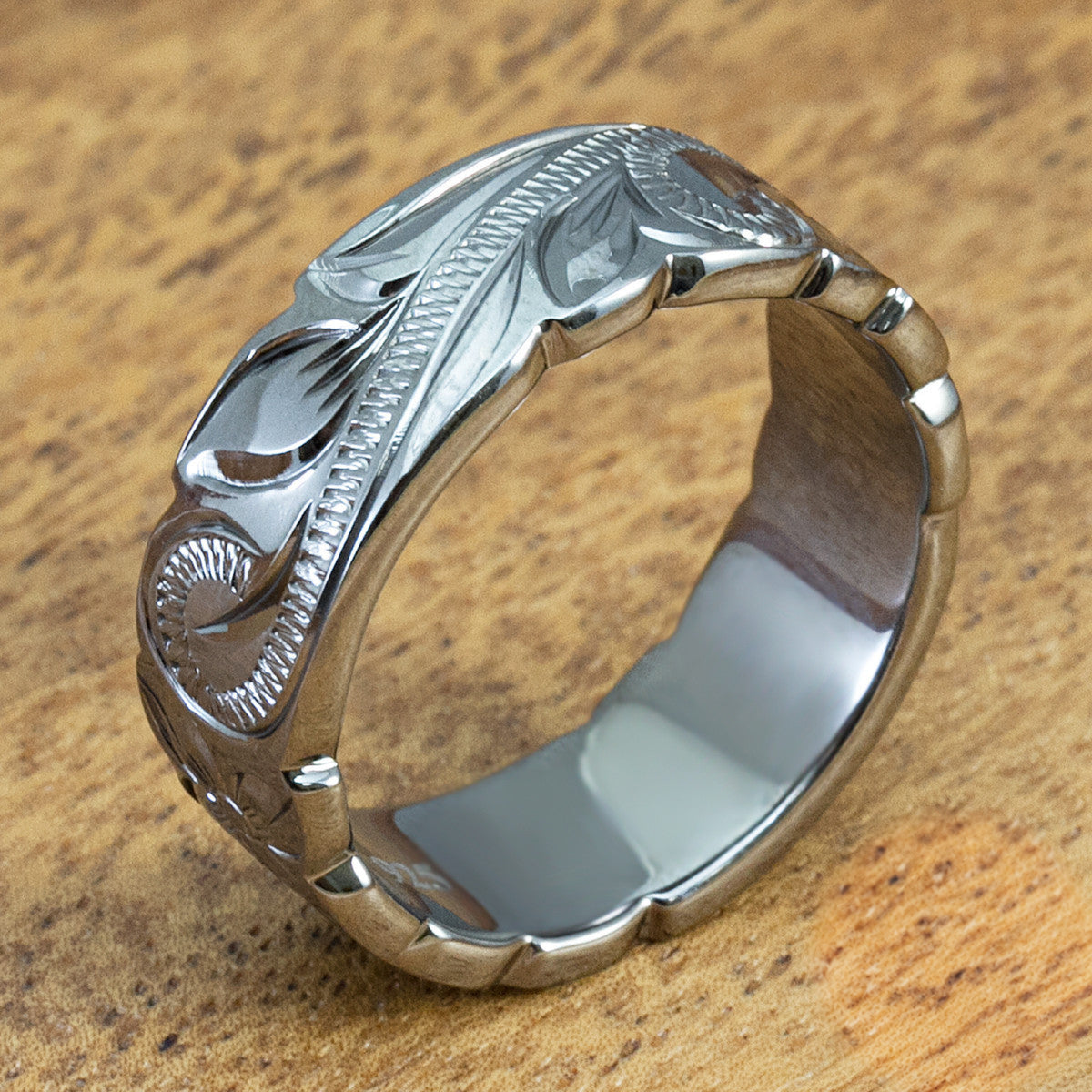 Sterling Silver Black Rhodium 8mm Ring - Hand Engraved Hawaiian Old English Design with Wave Edge