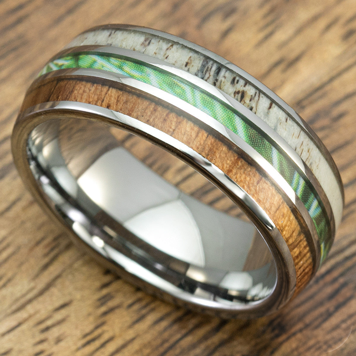 Tungsten Carbide Ring with Antler, Camo, and Koa Wood Inlay - 8mm, Comfort Fitment, Dome Shape