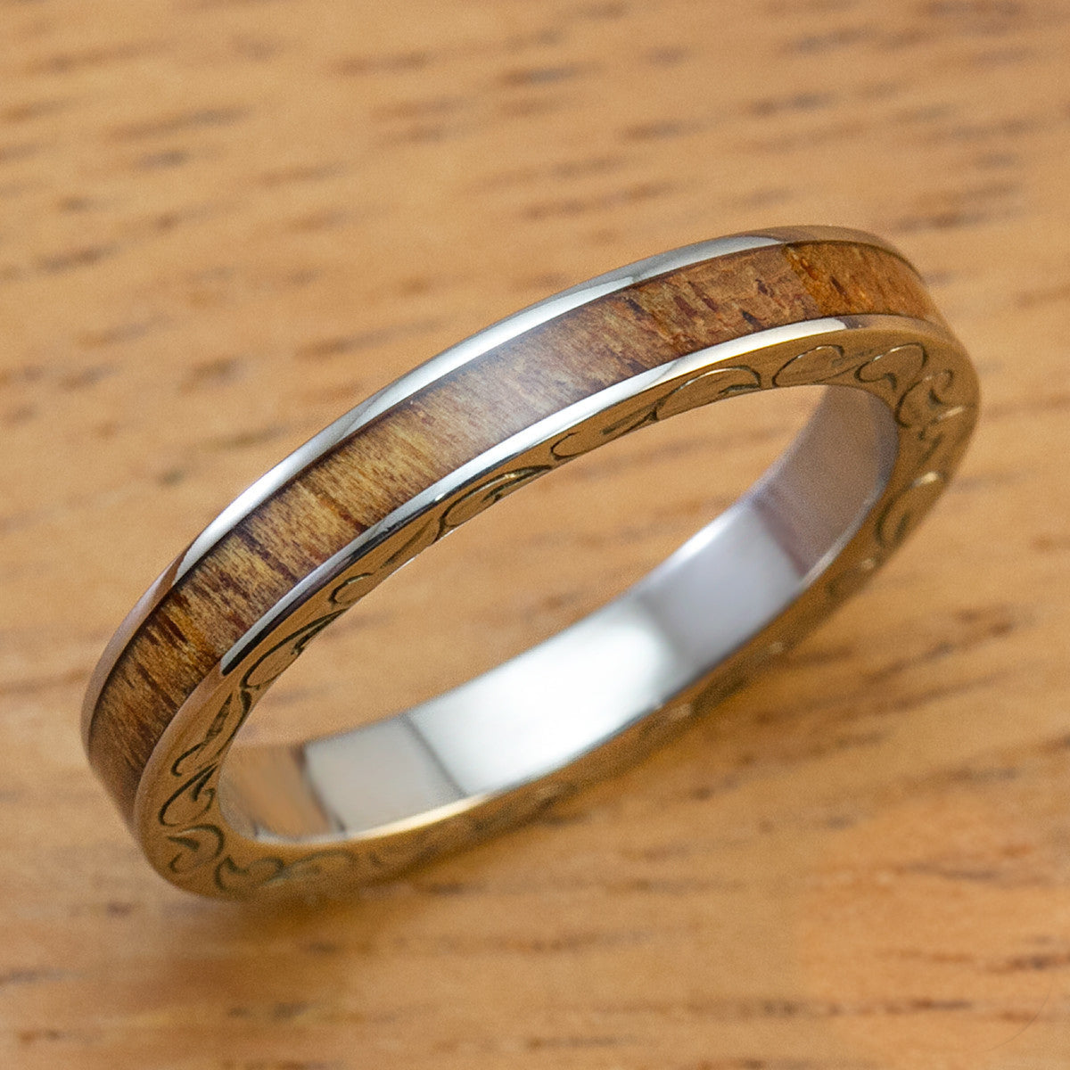 Titanium 3mm Hand Engraved Side Scroll Ring with Koa Wood Inlay, Standard Fitment, Flat Style