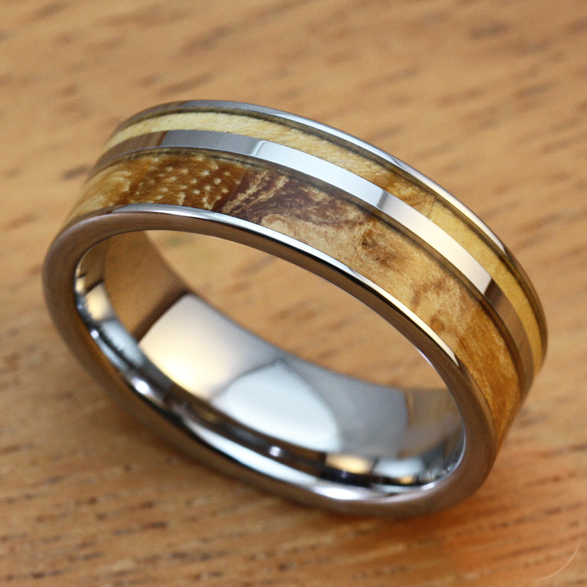 Tungsten Carbide 7mm Offset Strip Ring with Olive Wood Inlay - flat style, comfort fitment