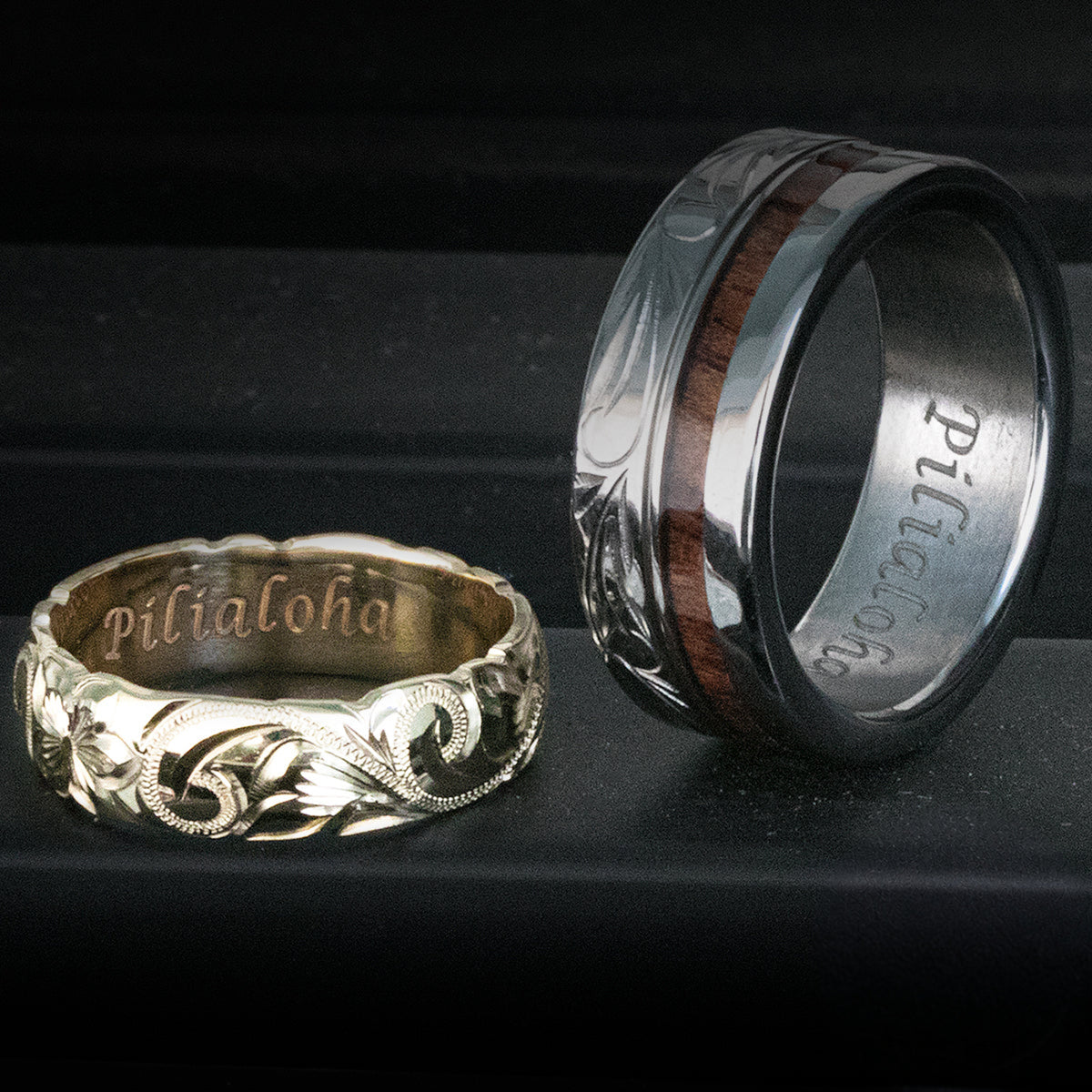 Pair of 14K Gold & Titanium Assorted Hawaiian Jewelry Couple/Wedding Ring Set - 6&8mm Widths