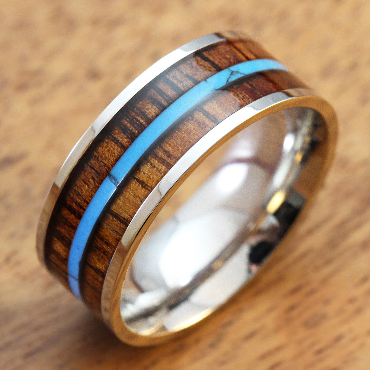 Stainless Steel Ring with Koa Wood and Mid-Strip Turquoise Inlay - 8mm, Flat Shape, Comfort Fitment