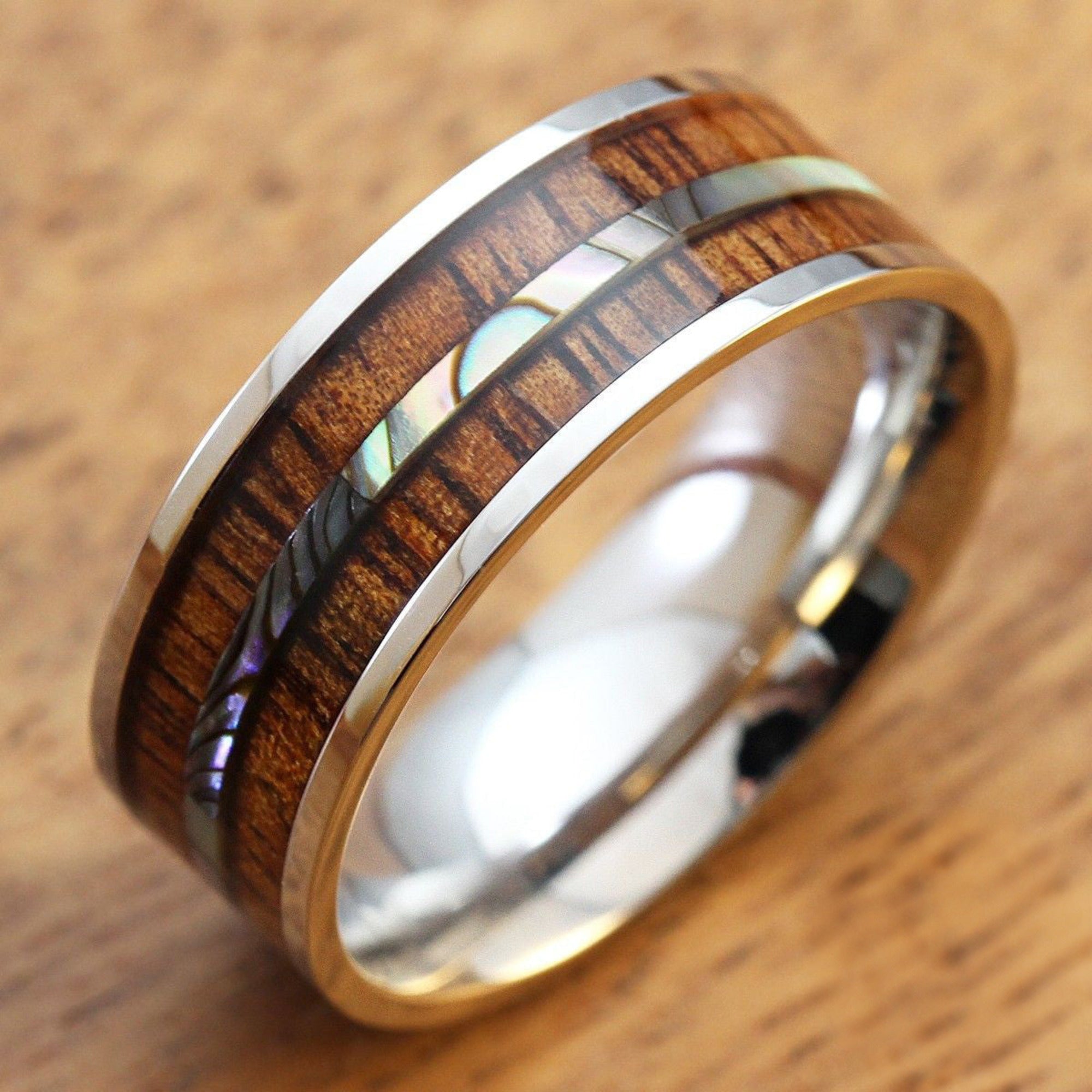 Stainless Steel Ring With Koa Wood & Thin Mid-Strip Abalone Shell