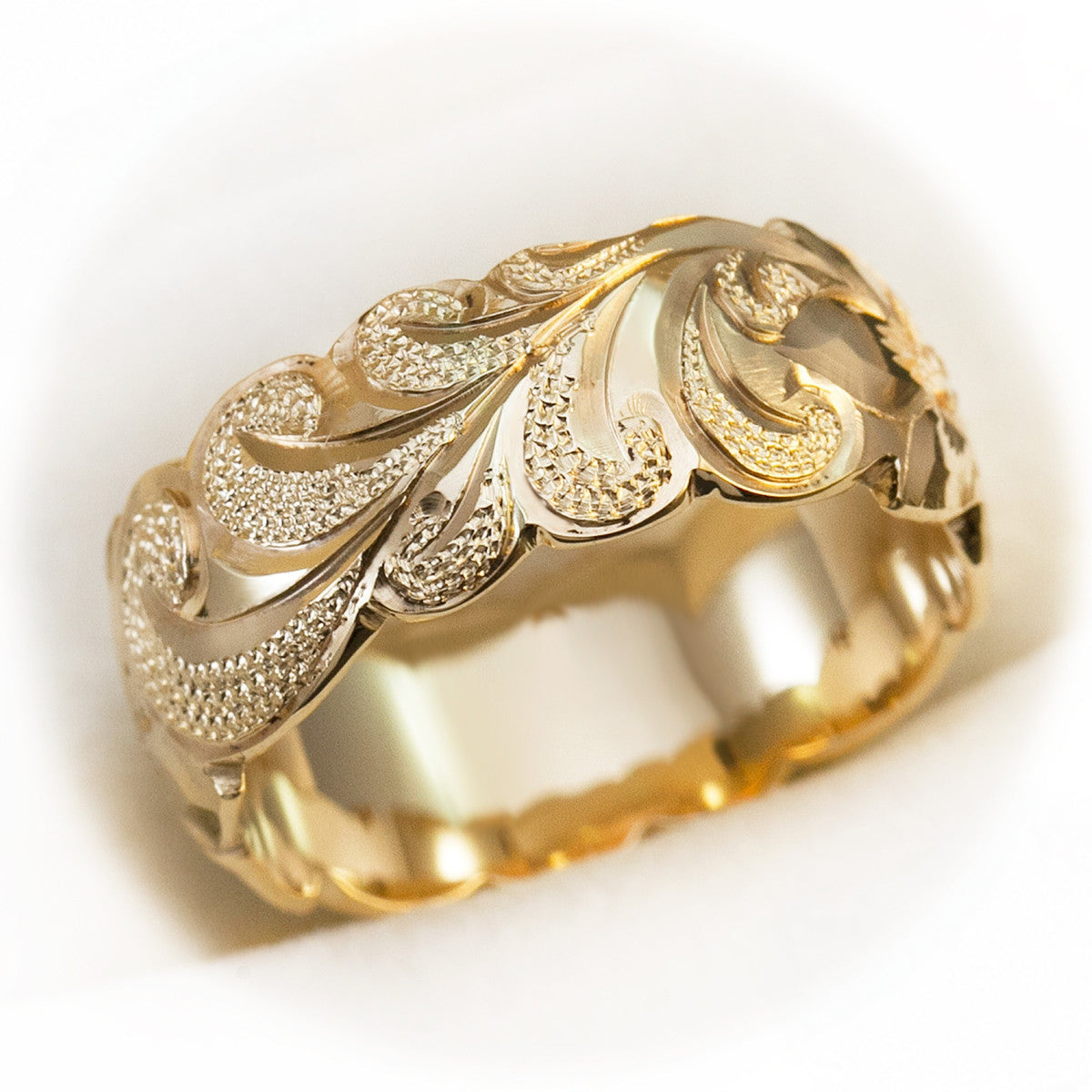 Hawaiian Heirloom Jewelry 6mm Gold Ring Hand Engraved Scroll Wave Pattern